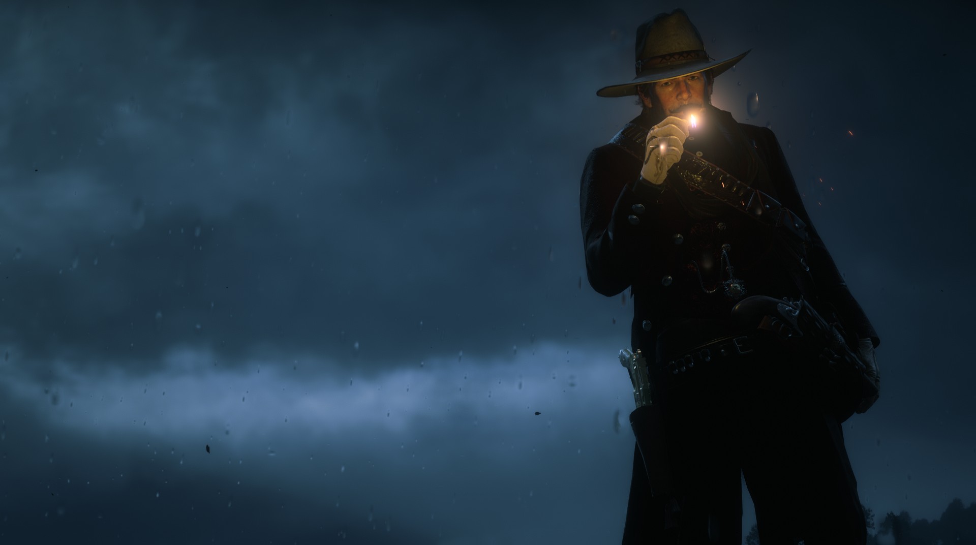 General 1920x1072 Red Dead Redemption 2 video game characters CGI fictional character sky PlayStation 4 standing video game art screen shot Rockstar Games night Arthur Morgan matches boys with guns gun video games moustache gloves men with hats hat pistol water water drops