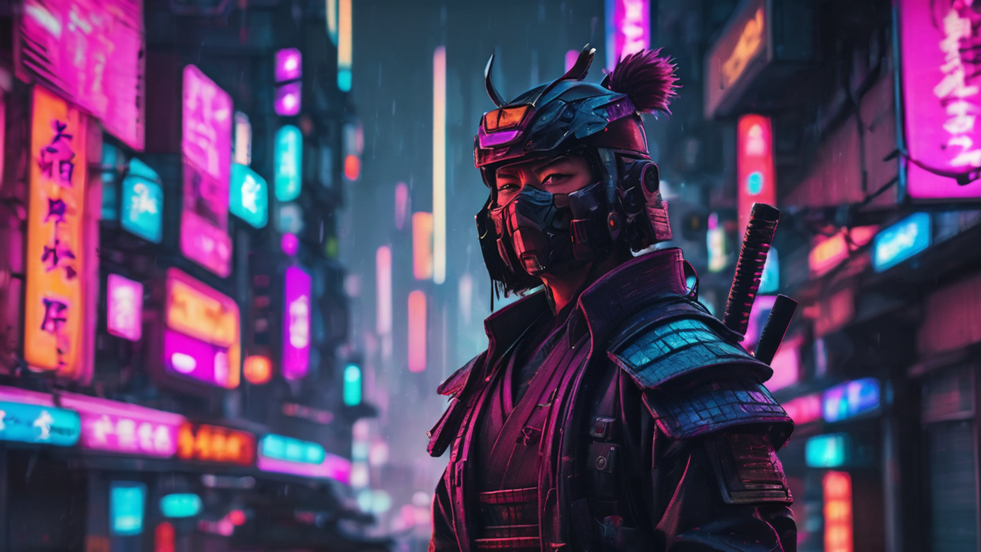 General 1920x1080 Samurai (Cyberpunk 2077) samurai AI art futuristic futuristic city synthwave cyber city building looking at viewer blurred blurry background