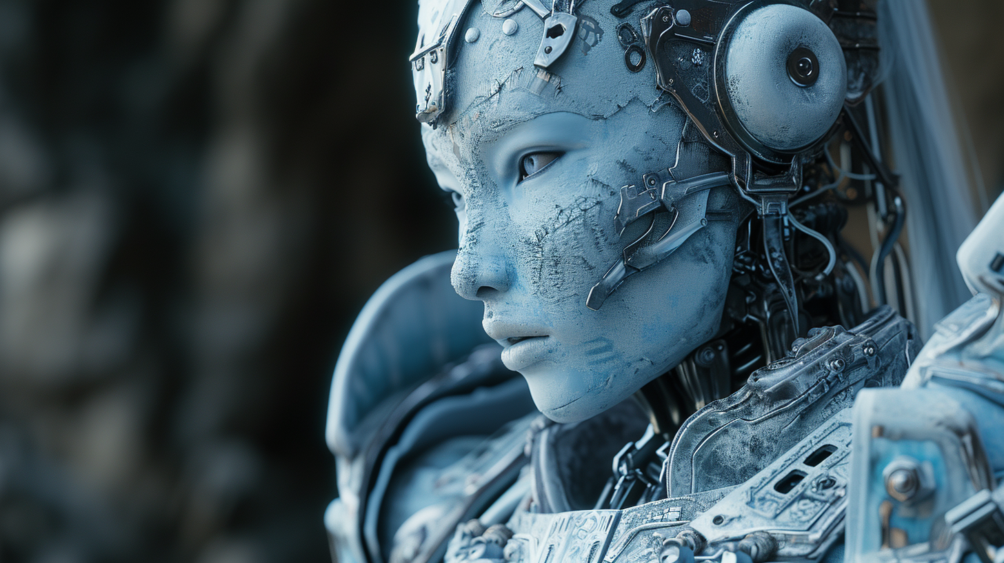 General 1456x816 AI art cyborg blue face mechanical doll closeup women robot distressed digital art technology blurred blurry background parted lips looking away