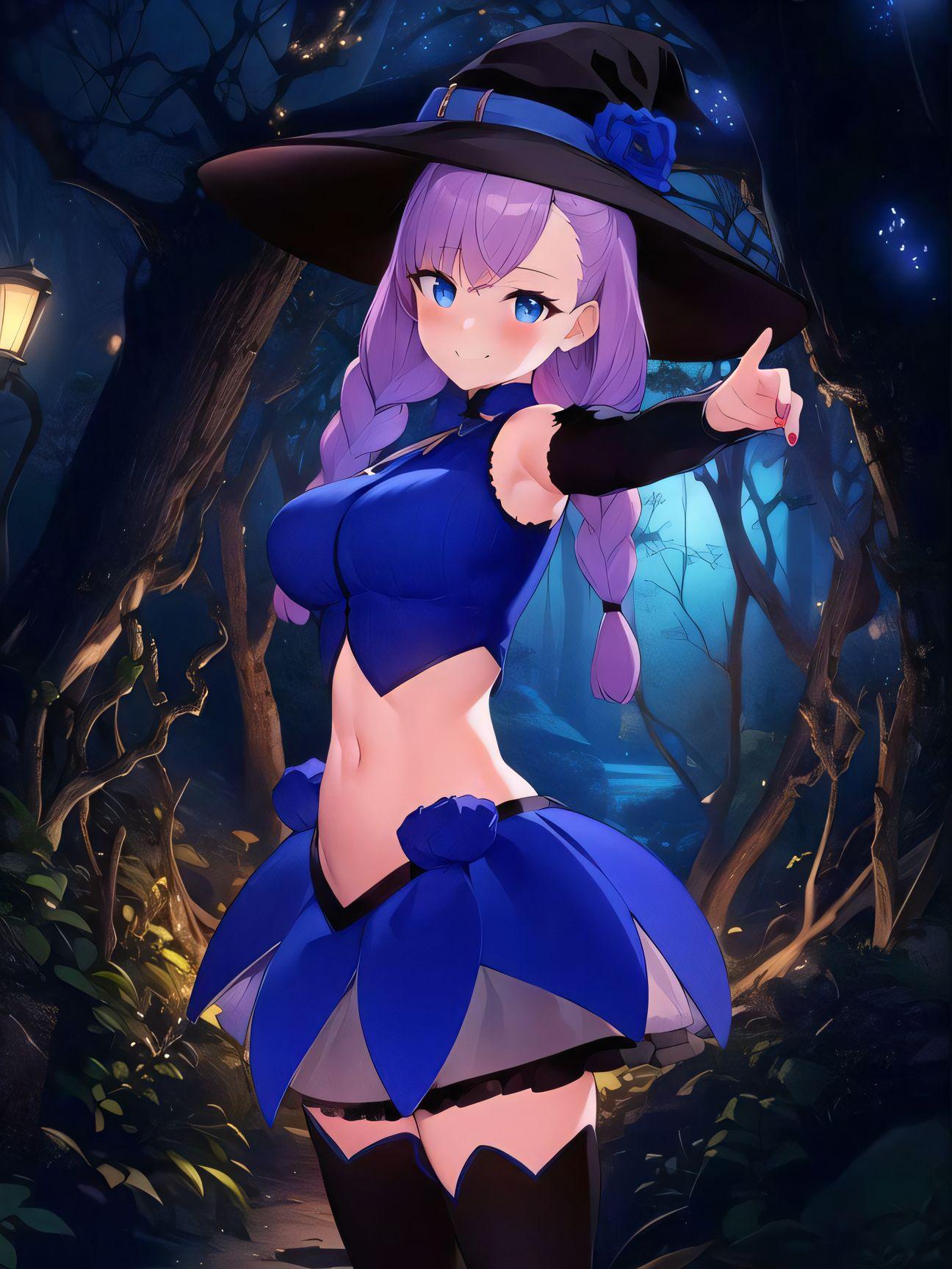 Anime 1296x1728 Sapphire Sage original characters witch blue clothing petite magic thigh high socks blue eyes purple hair french braided pigtails forest AI art braids portrait display standing hair between eyes twintails skirt big boobs sleeveless closed mouth blushing witch hat anime girls leaves slim body smiling