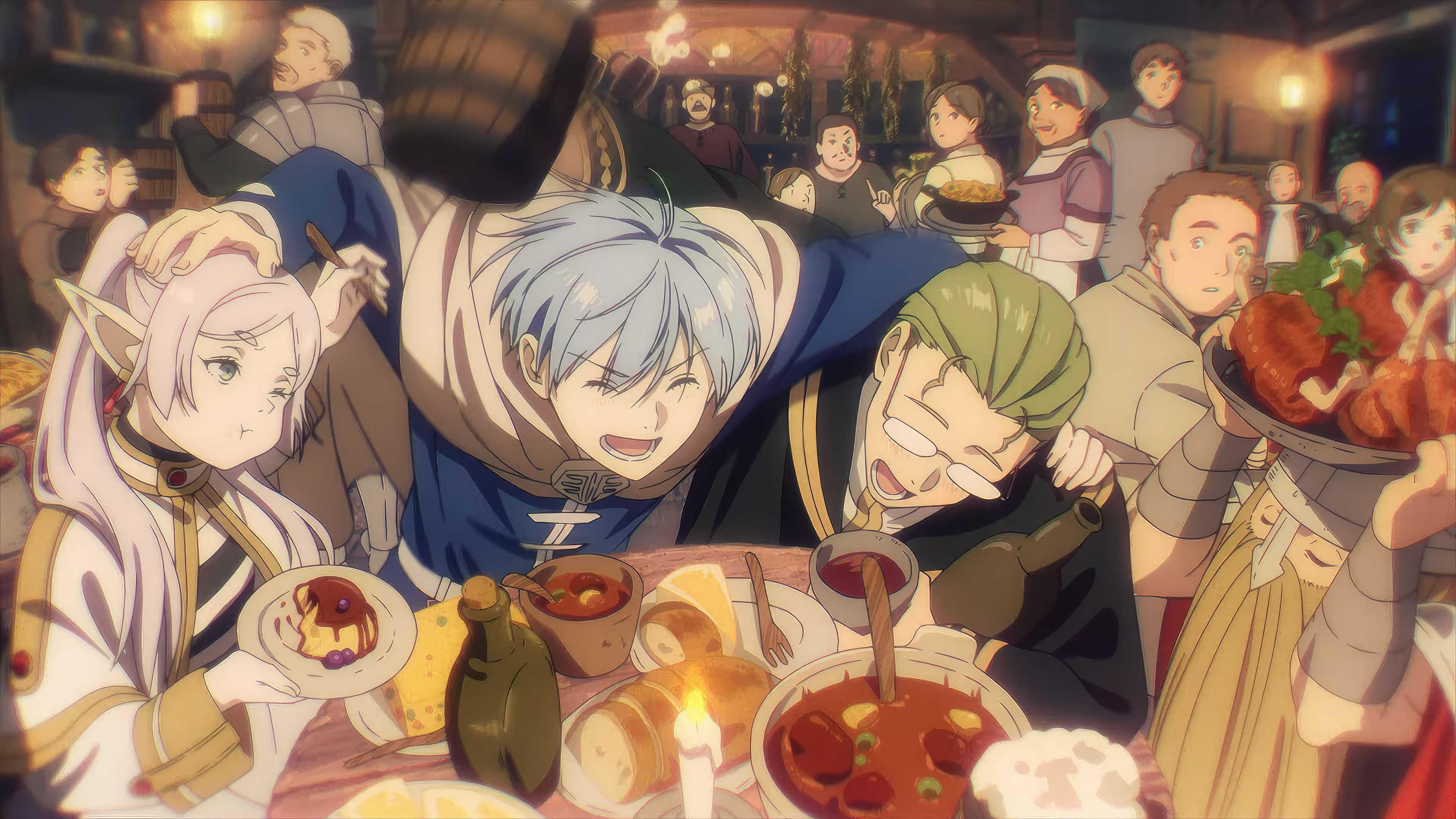 Anime 3840x2160 Sousou No Frieren Frieren Himmel (Sousou no Frieren) Eisen (Sousou no Frieren) Heiter (Sousou no Frieren) eating happiness laughing food anime Anime screenshot anime boys anime girls pointy ears long hair one eye closed twintails open mouth closed eyes capelet table plates fork bread drink hands on head lights closed mouth glasses meat candles tavern