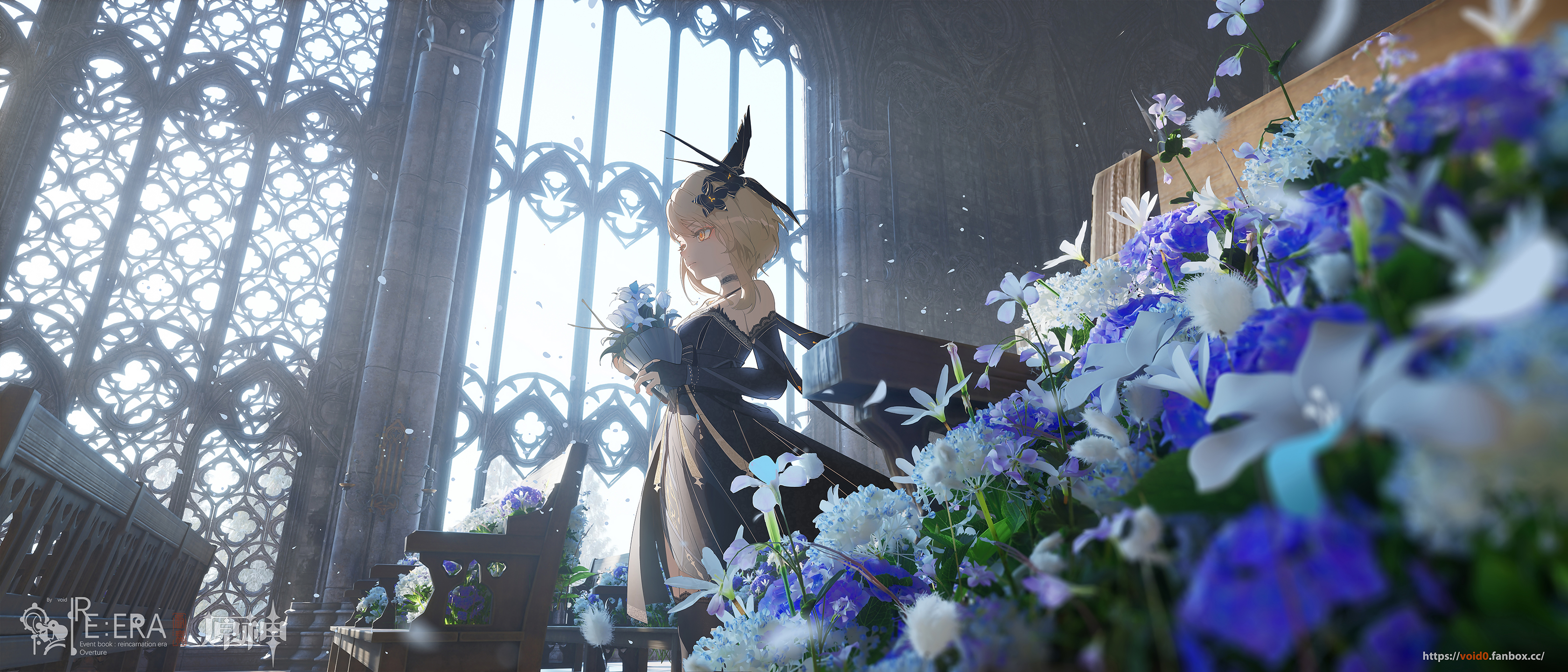 Anime 3360x1440 anime anime girls flowers Genshin Impact Lumine (Genshin Impact) looking away yellow eyes bare shoulders dress sunlight watermarked indoors women indoors void_0 church blonde flower in hair window hair ornament short hair choker elbow gloves gloves closed mouth frown black dress seat