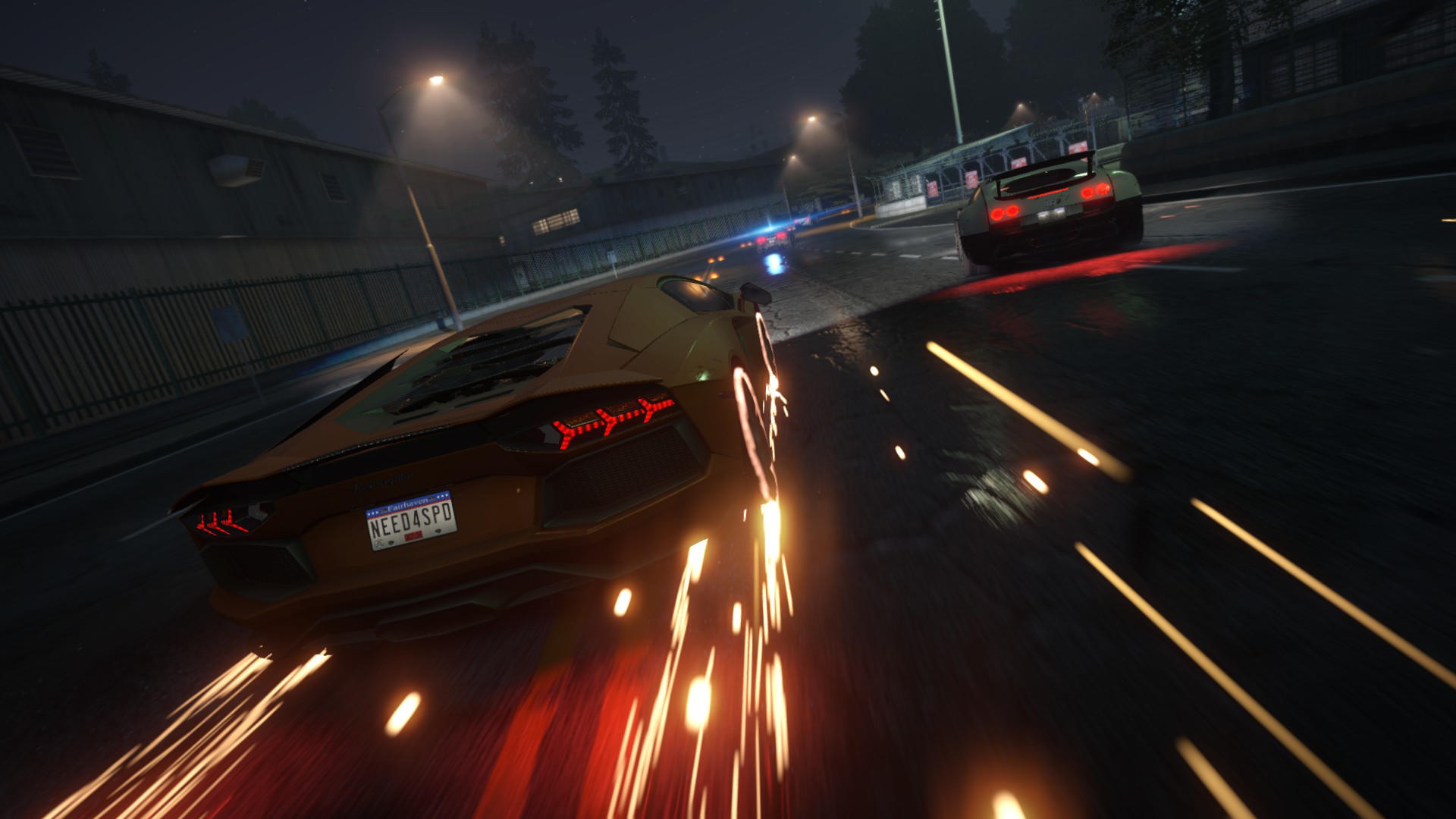 General 1920x1080 Need for Speed Need for Speed: Most Wanted Lamborghini Bugatti Lamborghini Aventador Bugatti Veyron Hypercar italian cars French Cars Volkswagen Group car Electronic Arts vehicle video games taillights licence plates night street light driving road video game art screen shot sparks