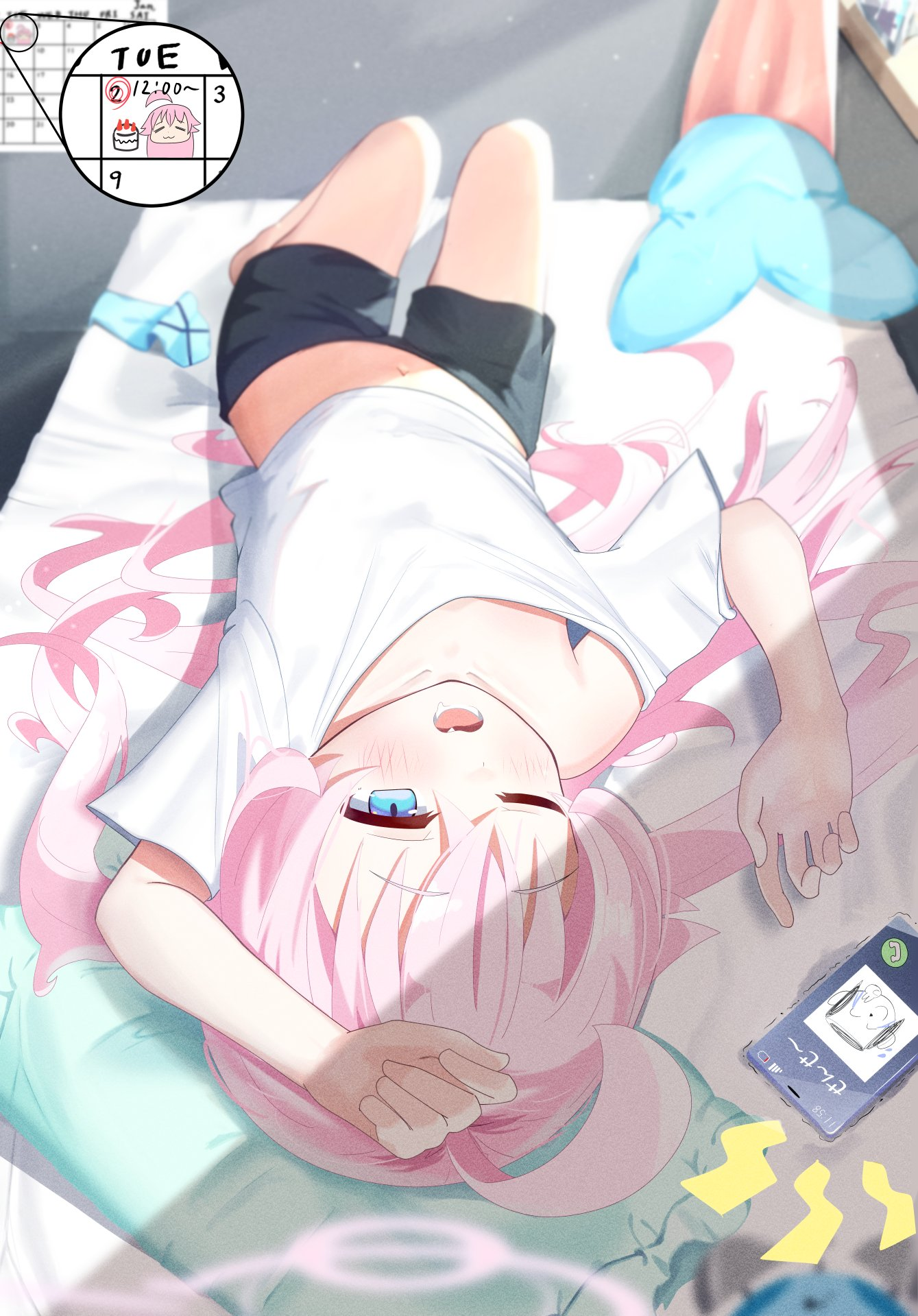 Anime 1339x1919 Takanashi Hoshino (Blue Archive) pink hair lying down video game characters portrait display innie navel long hair Blue Archive anime girls lying on back one eye closed sunlight indoors women indoors phone alarm clock calendar in bed bed open mouth yawning blushing hair spread out