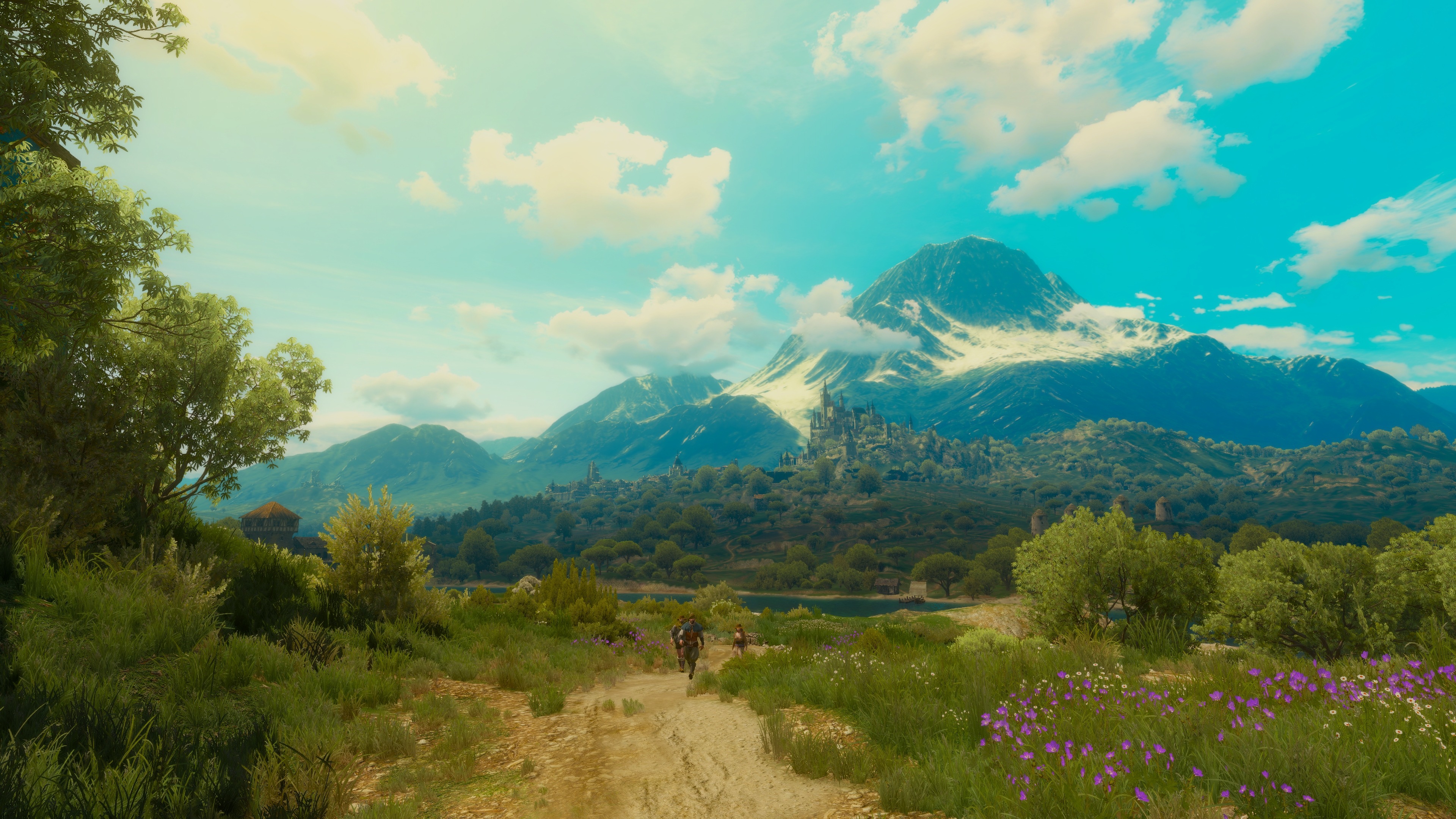 General 3840x2160 The Witcher 3: Wild Hunt screen shot PC gaming The Witcher video games video game art digital art video game characters CGI video game men walking video game girls clouds flowers trees water sky mountains path