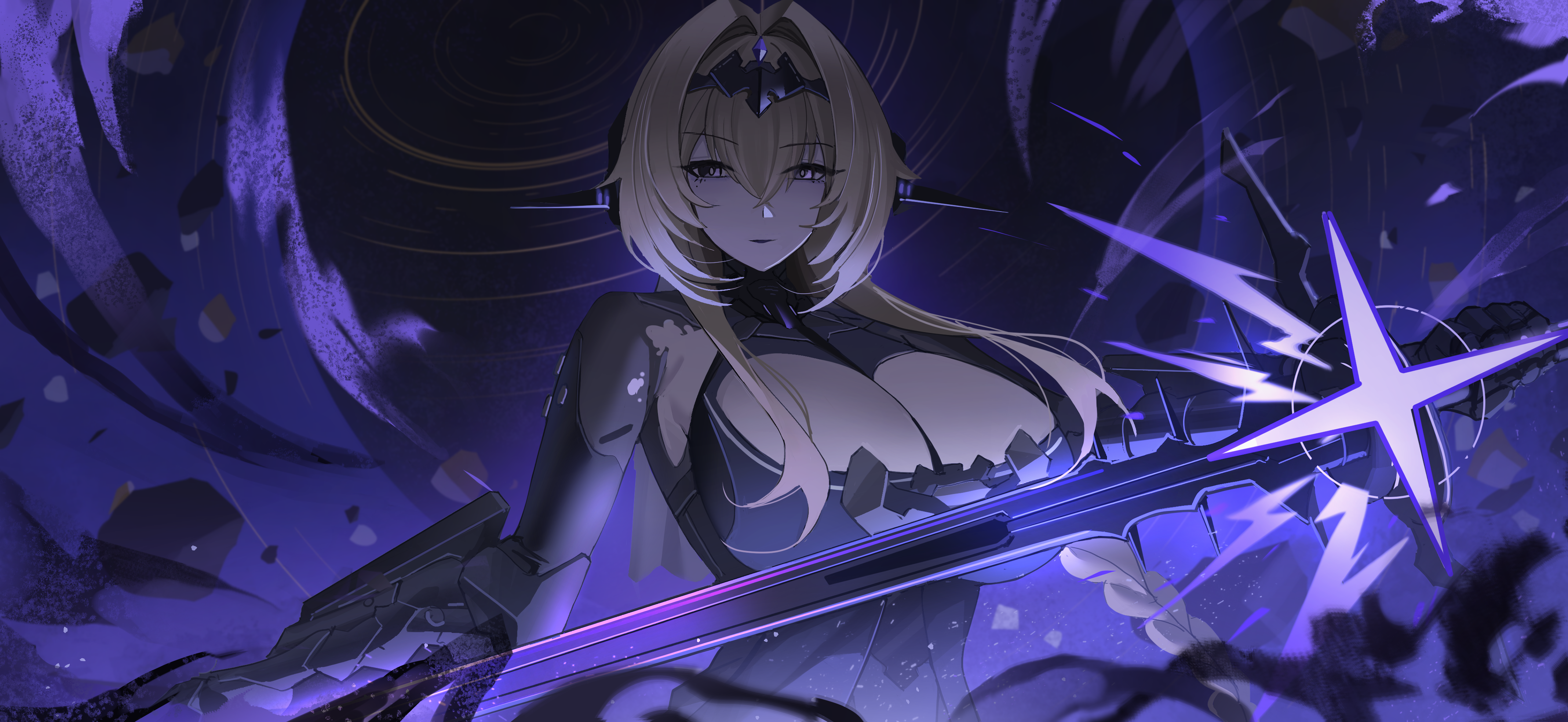 Anime 4274x1968 anime anime girls cleavage weapon Punishing: Gray Raven Bianca (Punishing: Gray Raven) looking at viewer long hair hair between eyes blonde huge breasts Jeze sword women with swords moles mole under eye parted lips debris gloves black gloves purple eyes headband torn clothes braids armor video game girls video game characters