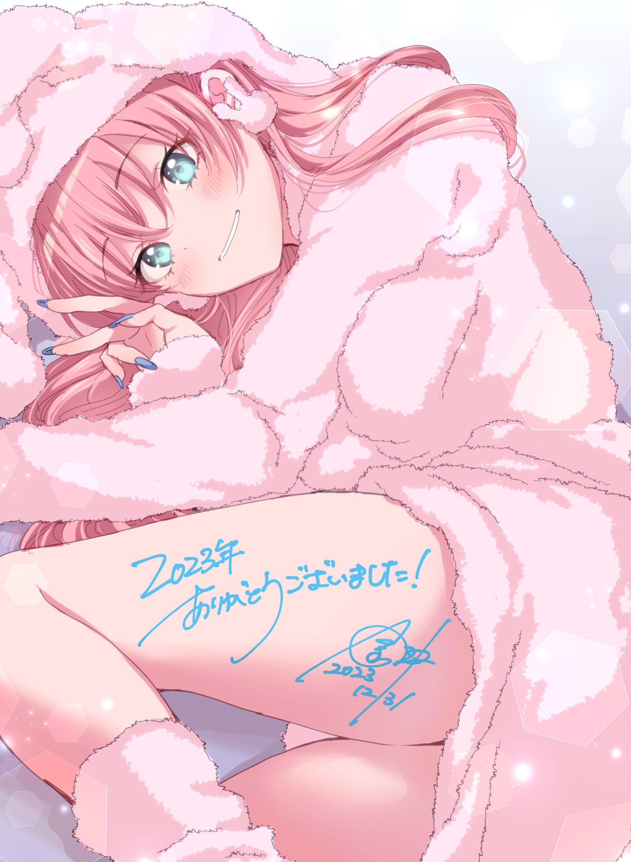 Anime 2029x2771 anime anime girls portrait display long hair 2023 (year) blue hair blue nails painted nails signature bent legs lying down lying on side looking at viewer smiling blushing long sleeves parted lips bunny ears animal ears pyjamas hair between eyes thighs Akari Watanabe hexagon More Than a Married Couple, But Not Lovers