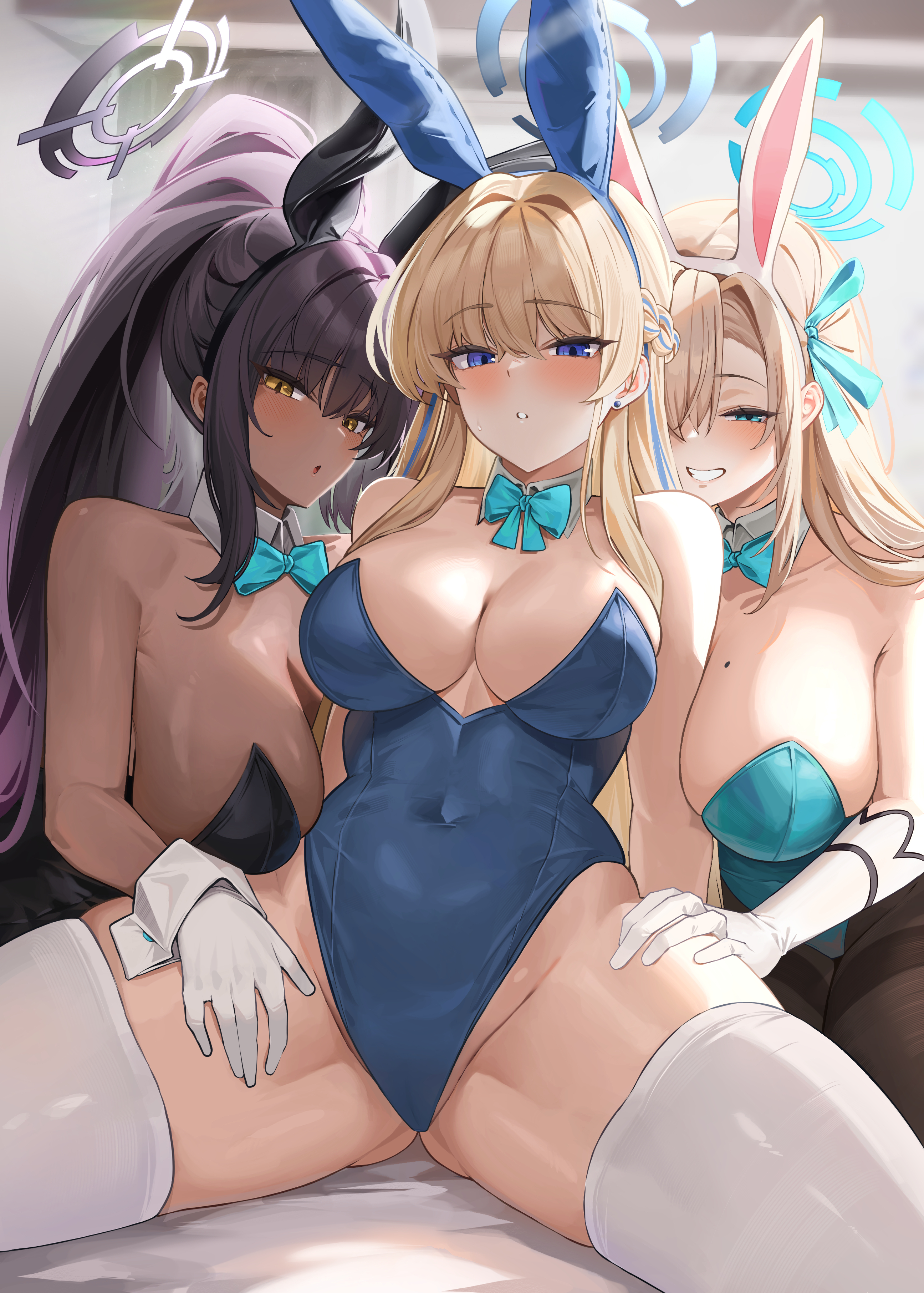 Anime 2591x3624 Blue Archive women trio portrait display stockings Kakudate Karin bunny ears Asuma Toki (Blue Archive) Asuna Ichinose thick thigh bunny suit blue leotard bunny girl huge breasts bare shoulders gloves black leotard cleavage looking at viewer moles long hair animal ears spread legs bow tie white stockings thighs Bannou Ippoutsukou mole on breast blushing hair over one eye ponytail pantyhose anime girls hand on thigh leotard