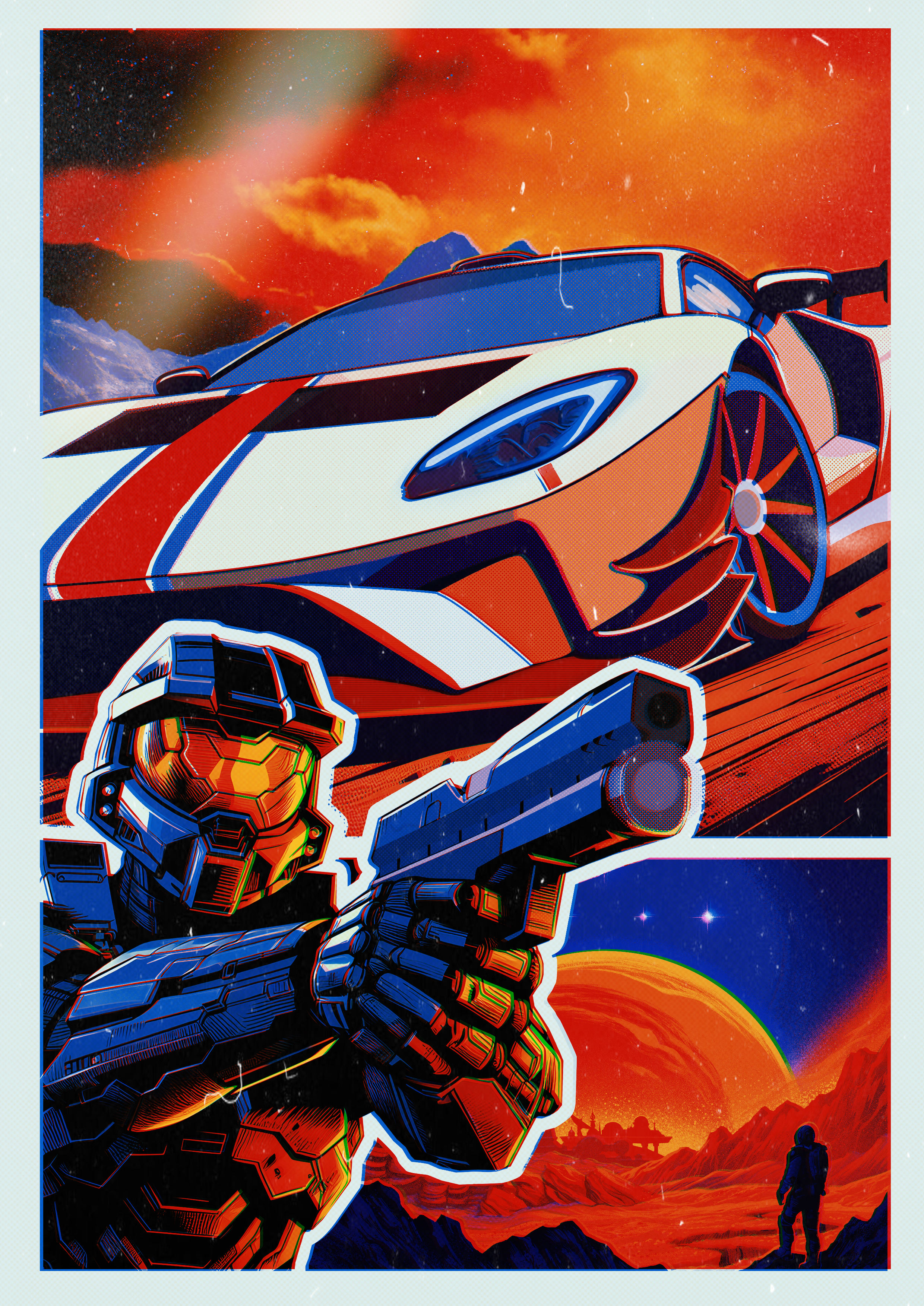 General 2480x3507 Forza Horizon Starfield (video game) Master Chief (Halo) landscape space orange sky stars mountains Speed Design Xbox digital art portrait display gun boys with guns aiming frontal view vehicle car Halo Infinite video games