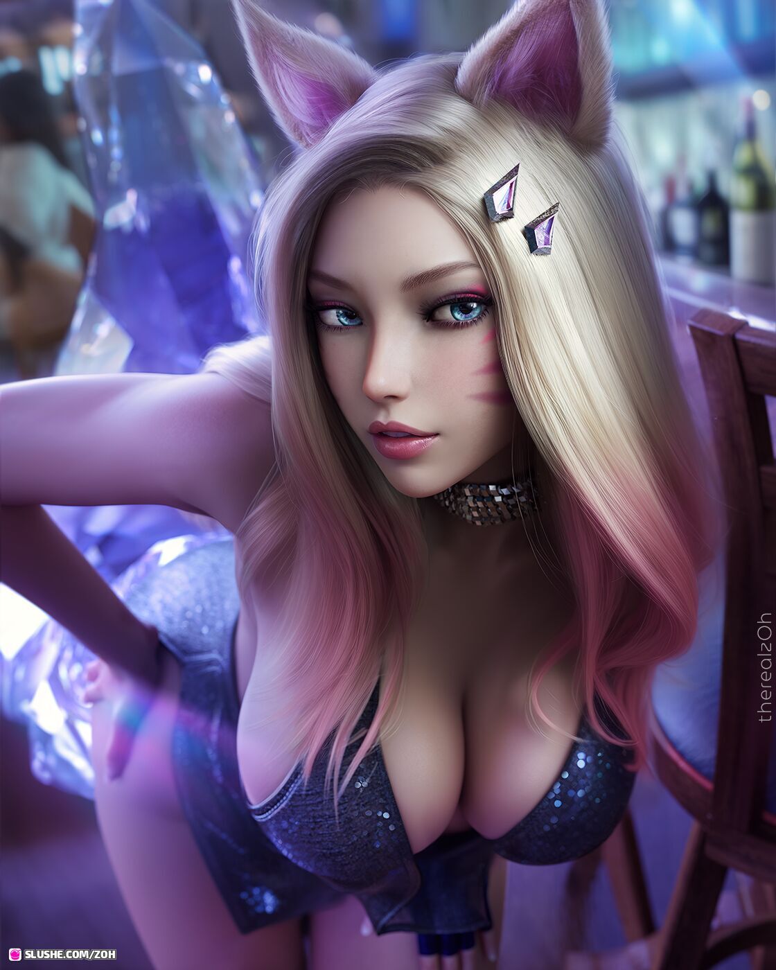 General 1120x1400 ZOh CGI Ahri (League of Legends) women fox girl blonde bent over cleavage depth of field portrait display digital art watermarked big boobs hanging boobs long hair gradient hair two tone hair looking at viewer fox ears League of Legends gloves parted lips fingerless gloves