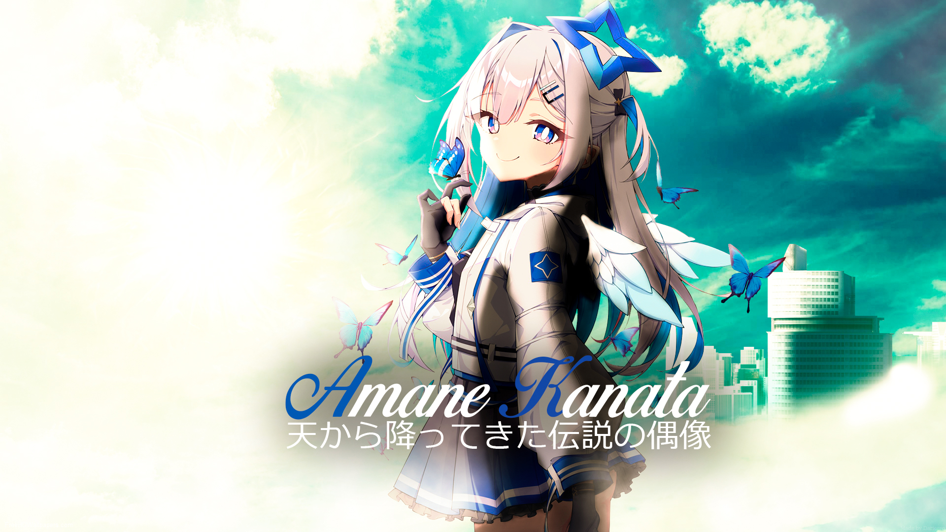 Anime 1920x1080 Virtual Youtuber Hololive Amane Kanata angel sky white hair anime girl with wings anime girls blue eyes smiling butterfly wings looking at viewer Japanese gloves