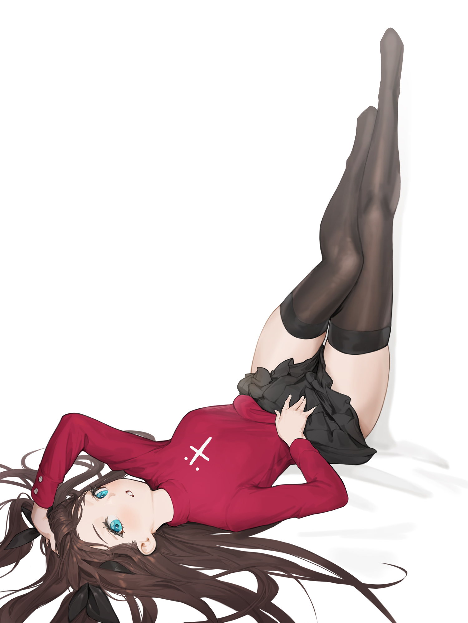 Anime 1500x1997 Tohsaka Rin Fate series Cotta anime girls portrait display white background lying on back long hair stockings skirt looking at viewer simple background minimalism