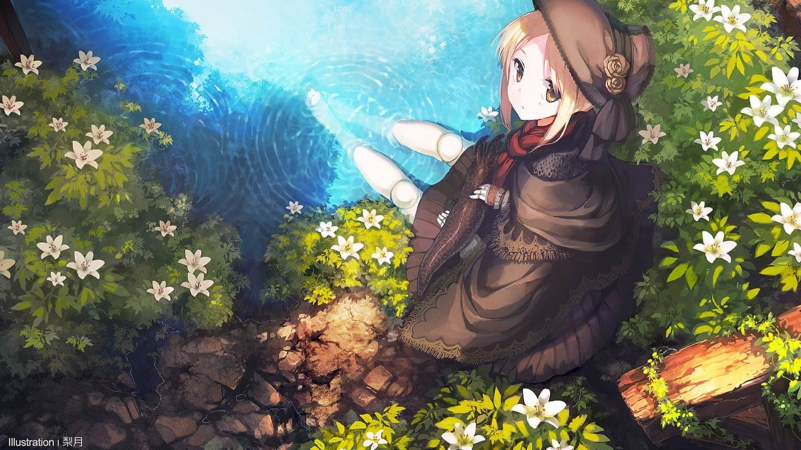 Anime 1600x900 anime girls blonde original characters hat coats scarf pond high angle flowers leaves plants water log looking at viewer androids yellow eyes Plain Doll (Bloodborne) Bloodborne