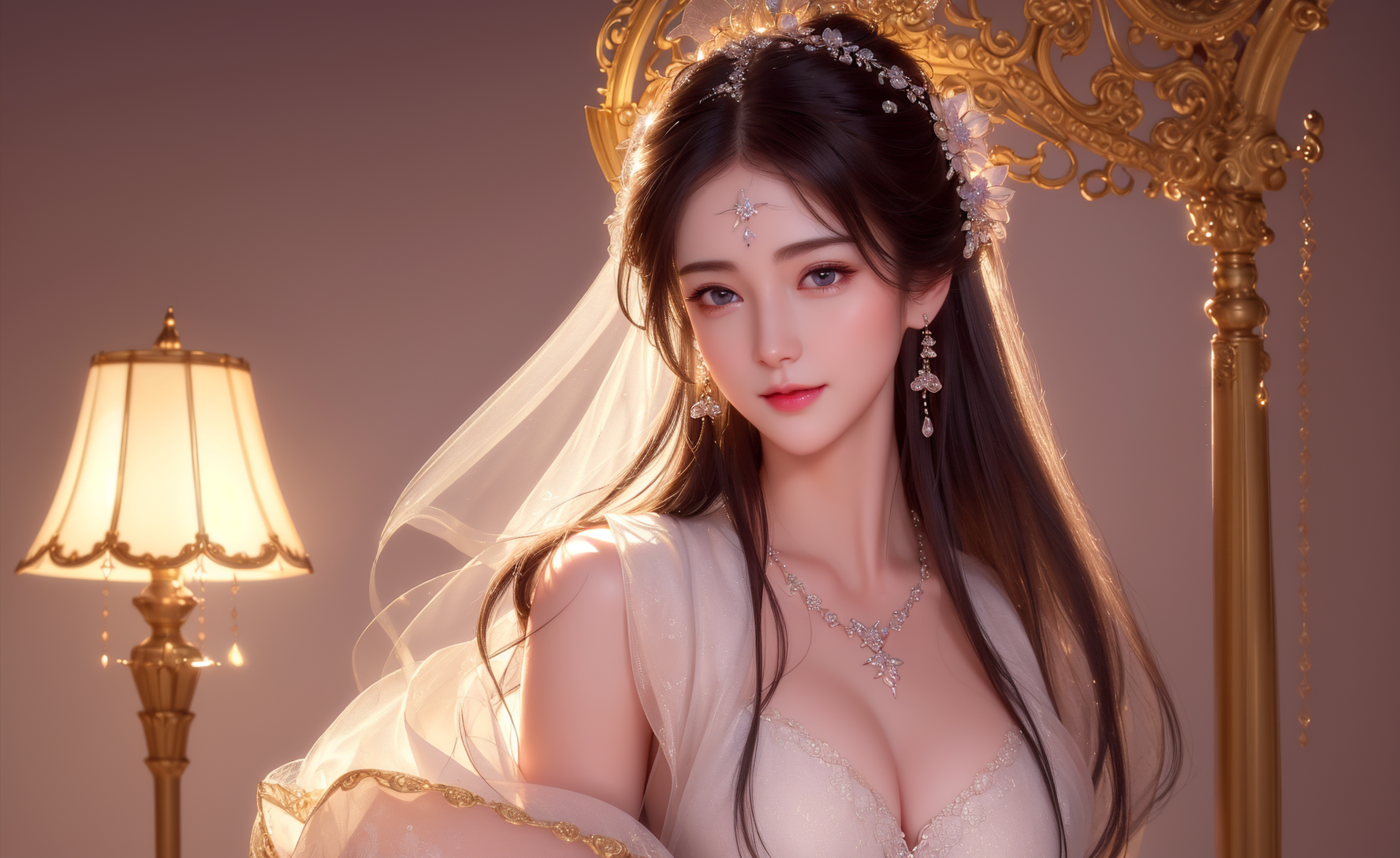 Anime 1776x1088 AI art women Asian necklace cleavage tiaras lamp looking at viewer earring