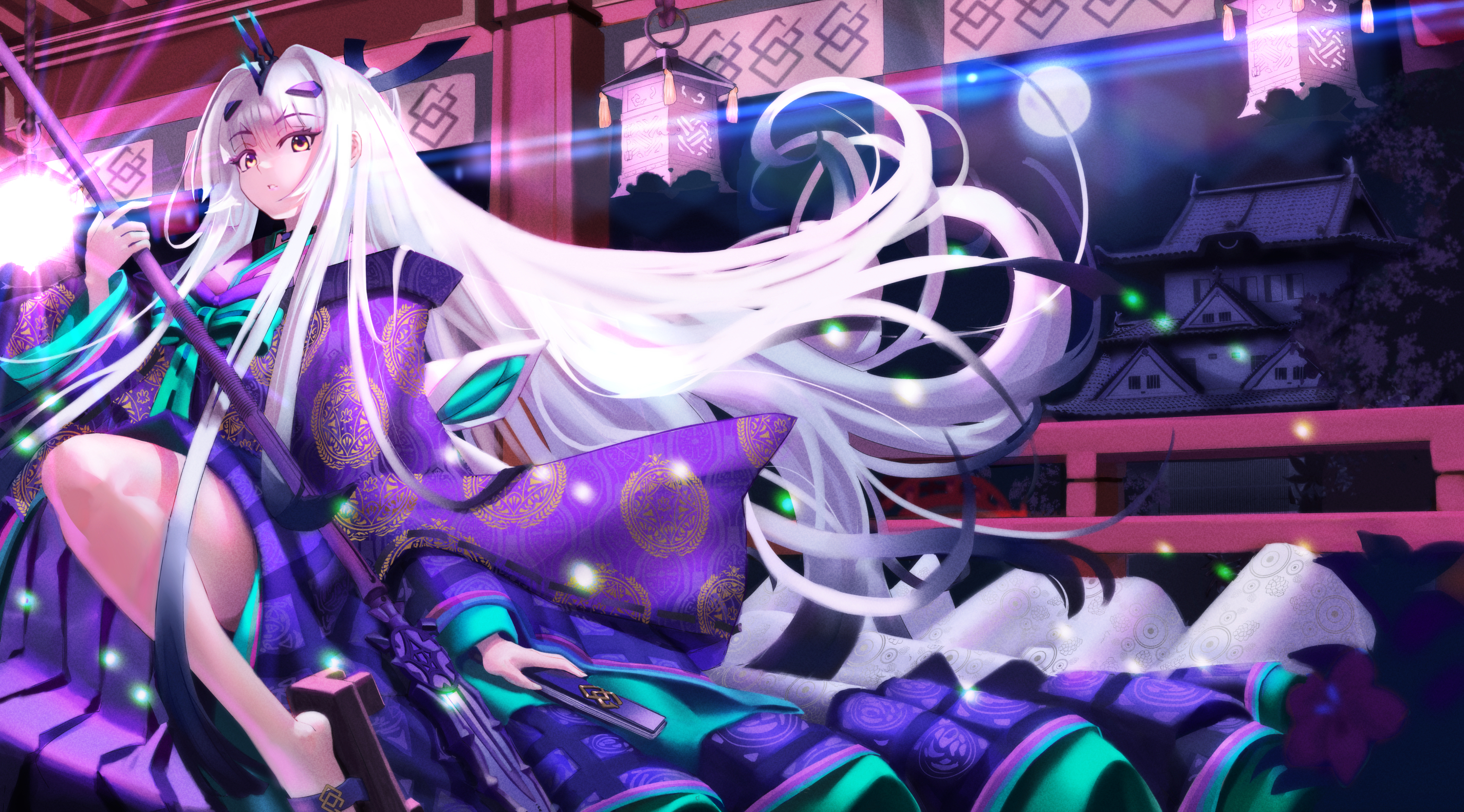 Anime 2849x1581 anime girls anime Fate/Grand Order Fate series long hair white hair yellow eyes Asian architecture legs kimono weapon spear looking at viewer night Lantern Festival fans ruvazro hair ornament cropped Moon