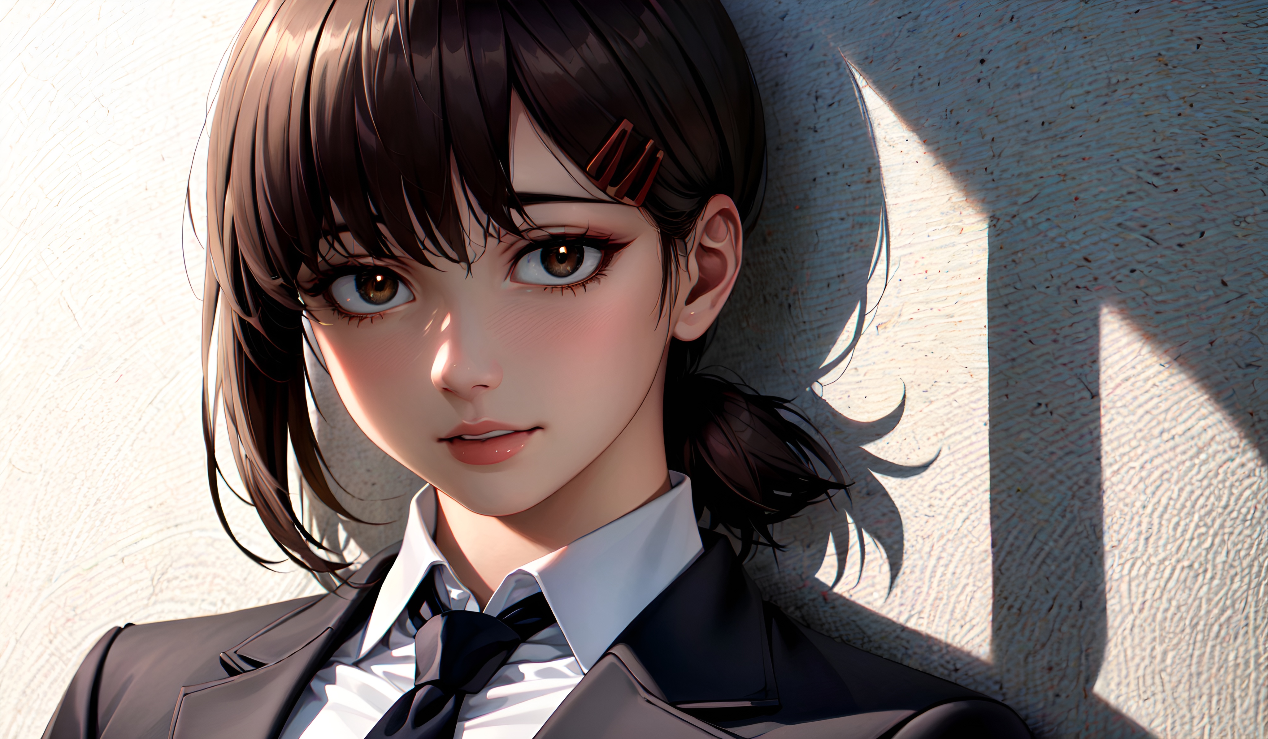 Anime 4096x2388 Kobeni (Chainsaw Man) Chainsaw Man face looking at viewer tie anime girls brunette brown eyes AI art