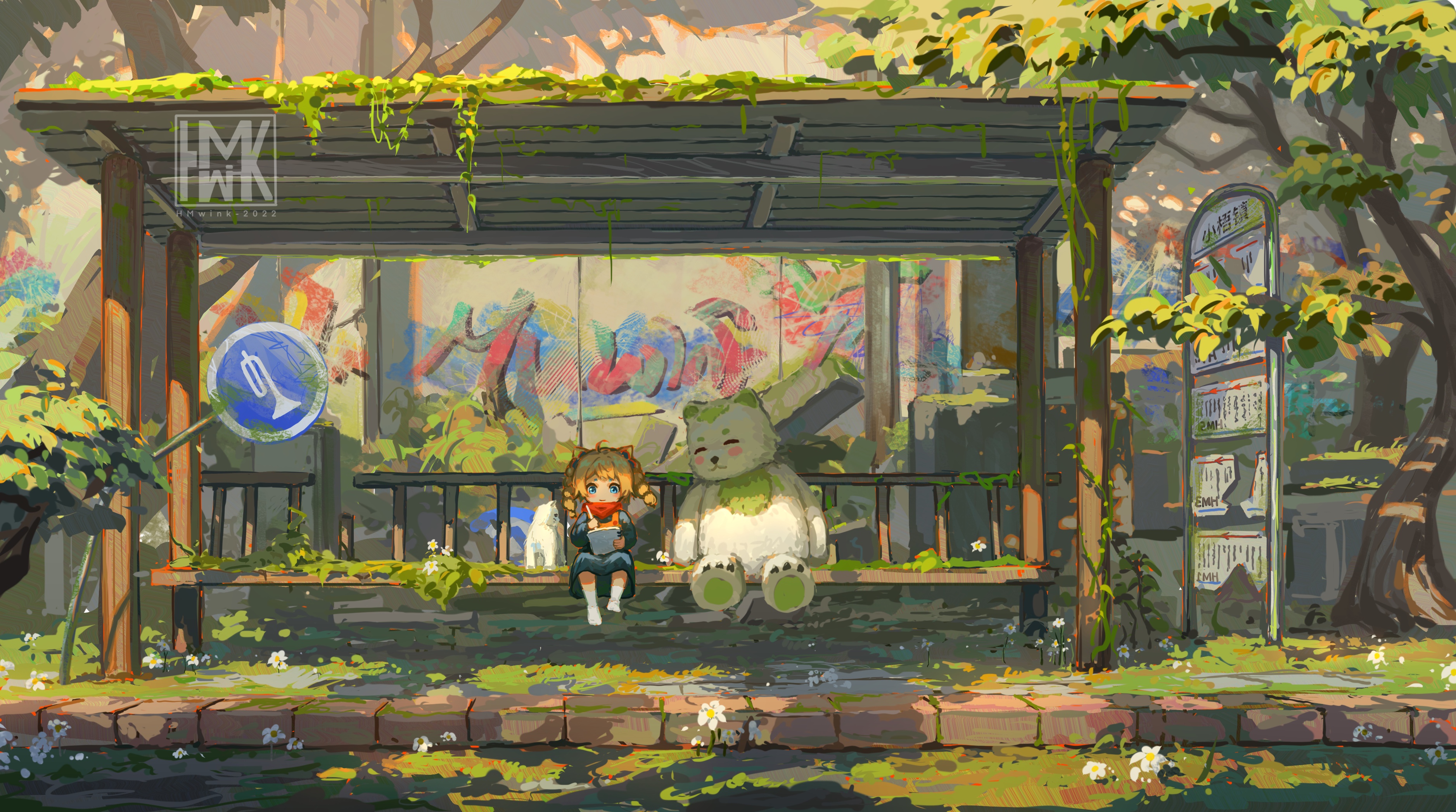 Anime 3754x2095 original characters illustration anime girls nature pointy ears animals bears bus stop Hua Ming wink