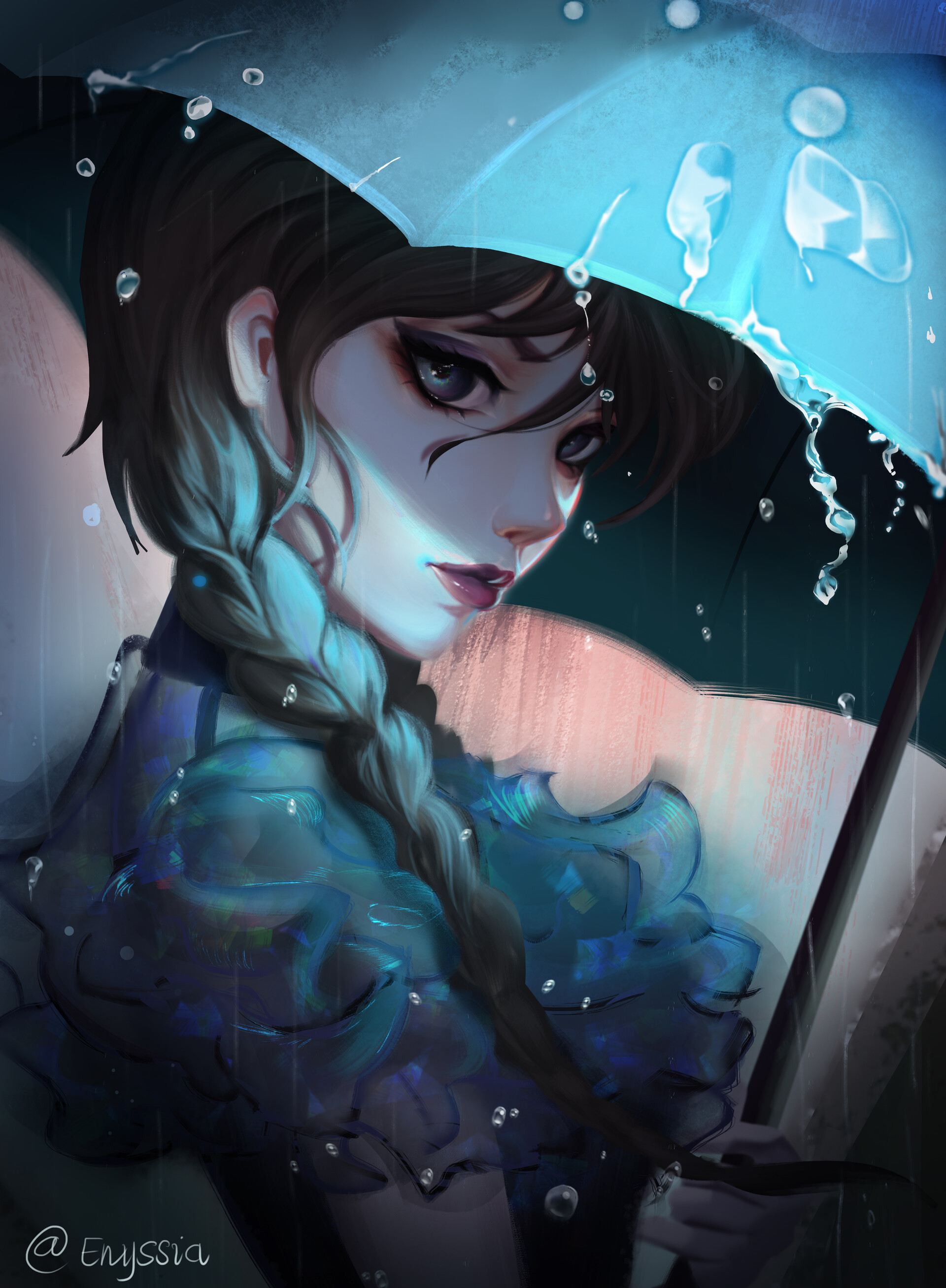 General 1920x2616 Einyssia digital art artwork illustration painting fantasy art fantasy girl rain umbrella dark hair portrait display looking at viewer water drops water braids