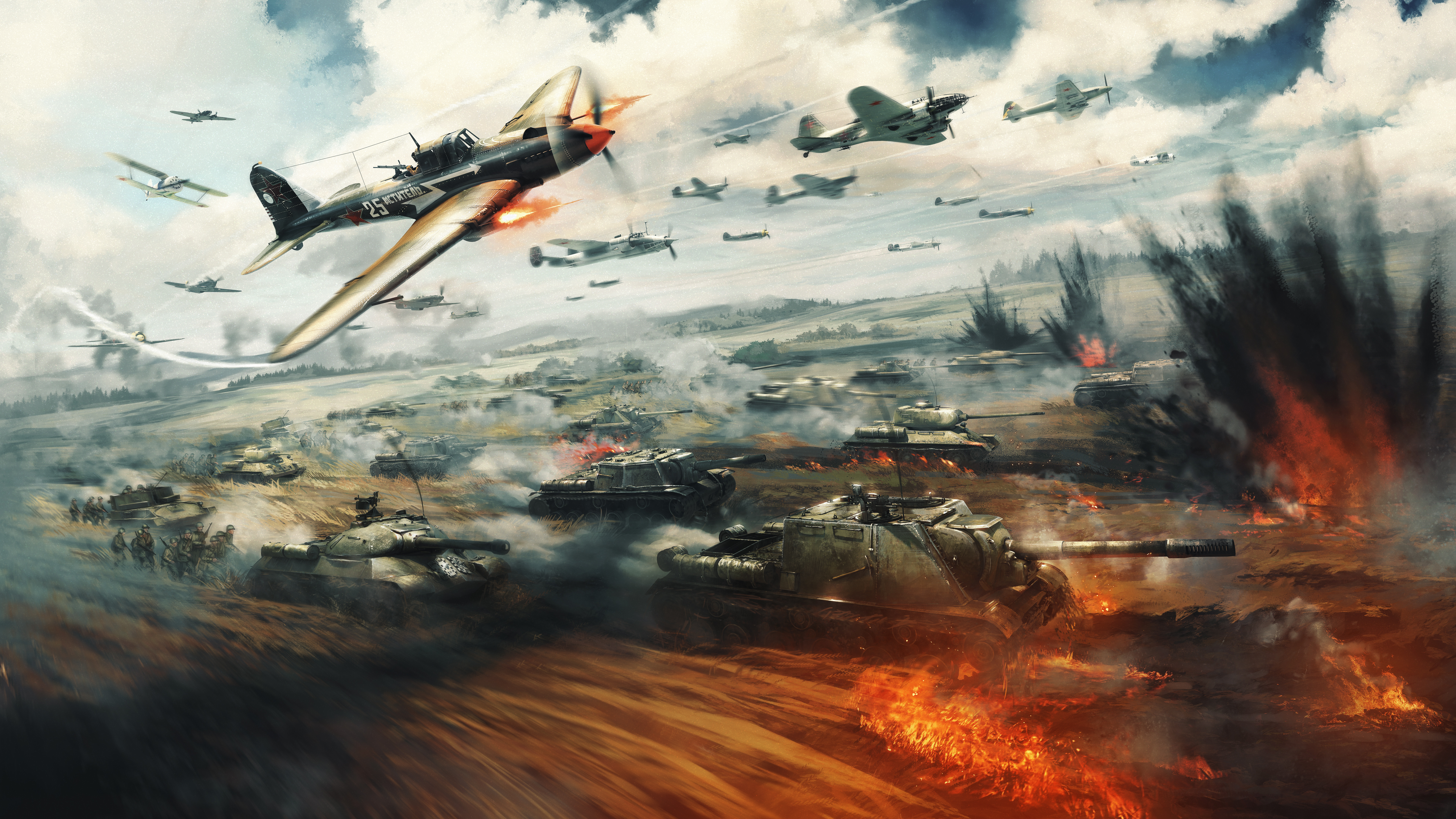 General 7680x4320 airplane tank explosion military vehicle fire clouds war army World War II