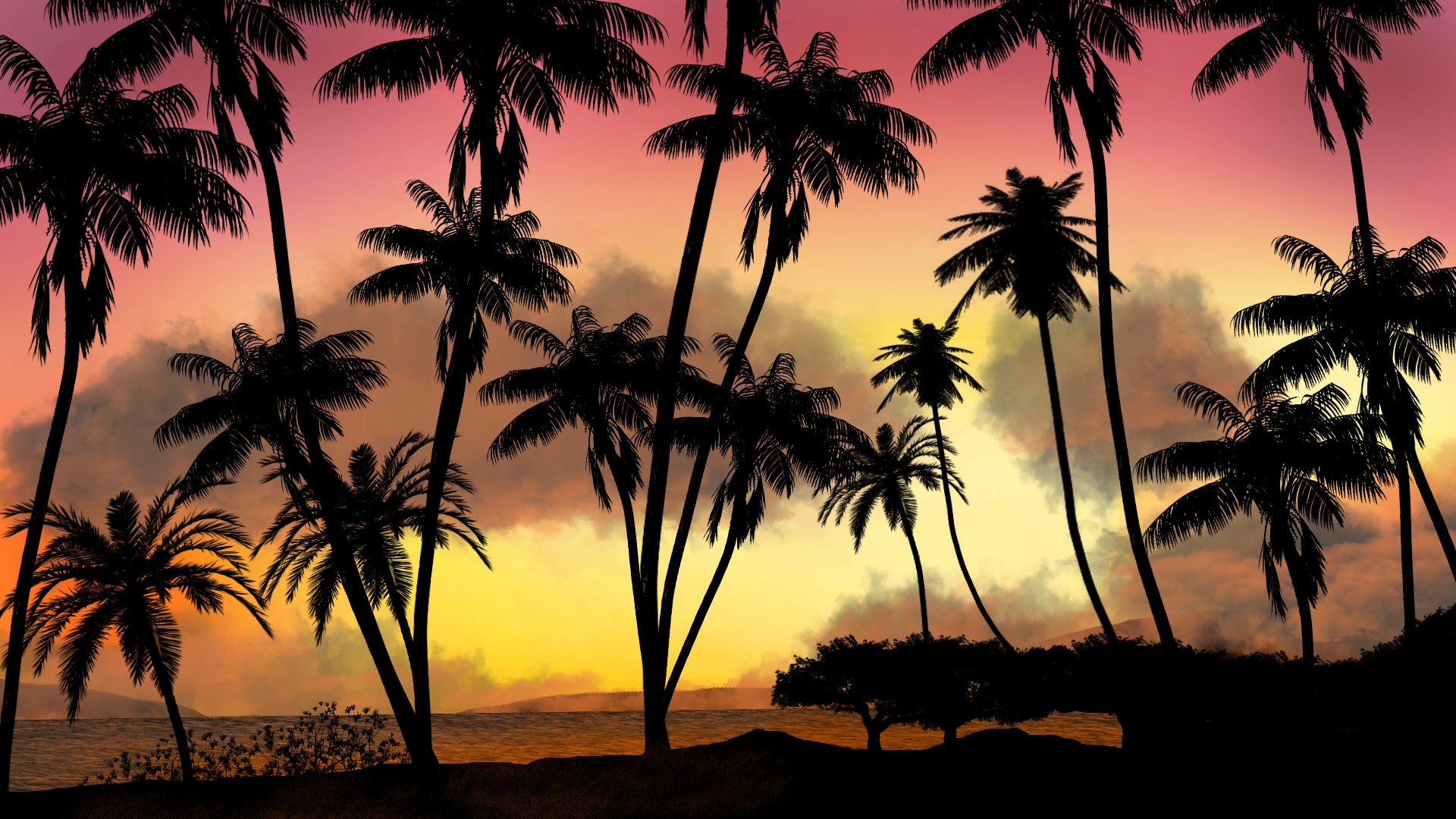 General 1920x1080 landscape nature tropical colorful palm trees silhouette sunset sunset glow clouds water sky