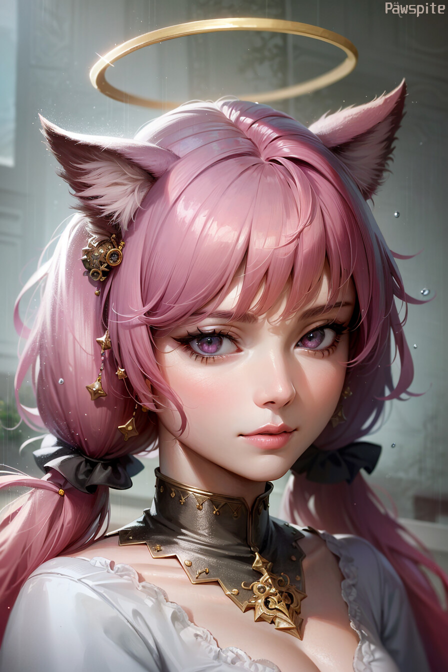 General 896x1344 pawspite AI art digital art women portrait looking at viewer cat ears pink hair twintails portrait display cat girl halo purple eyes