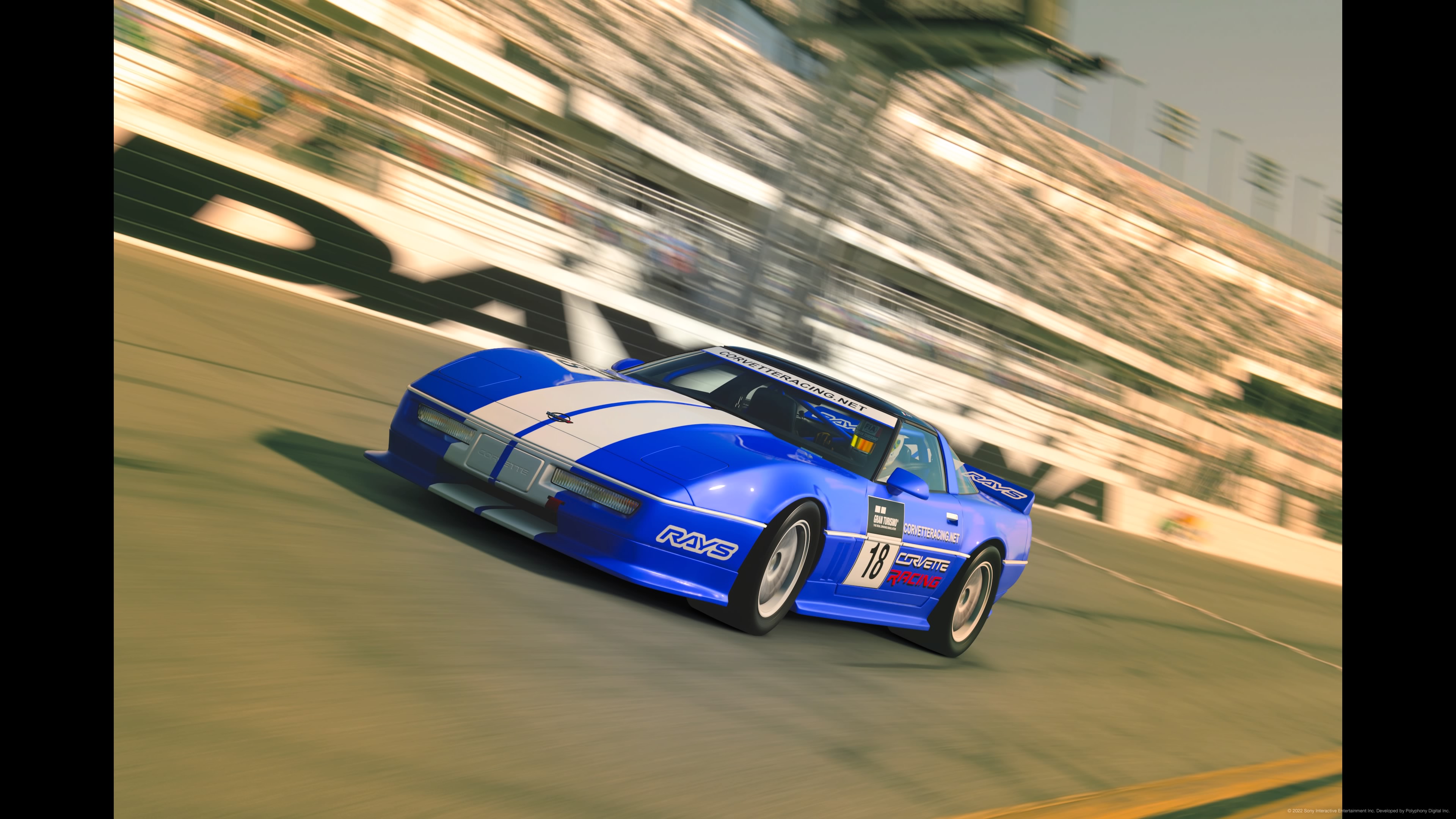 General 3840x2160 car race cars daytona Corvette photo manipulation Gran Turismo Gran Turismo Sport Playstation 5 race tracks racing stripes blue cars white blue Chevrolet CGI Gran Turismo 7
