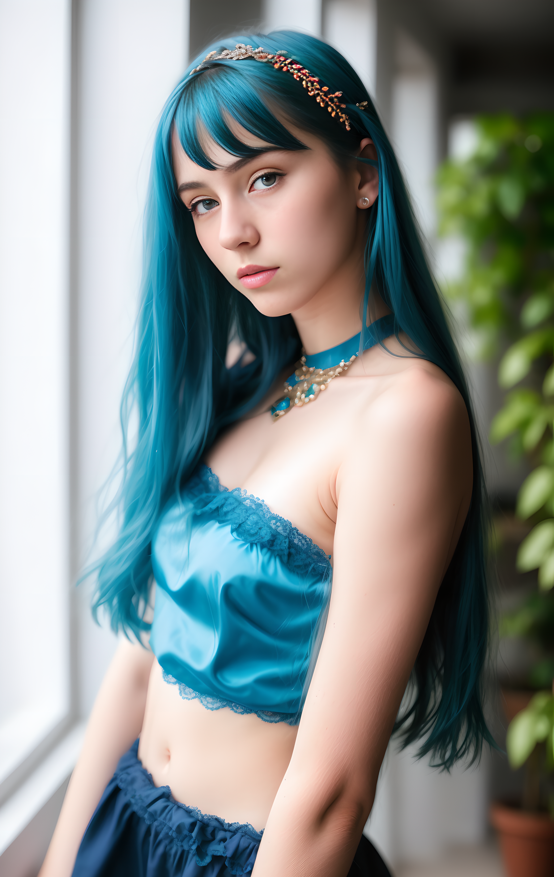 General 1792x2837 AI art Stable Diffusion women long hair blue hair jewelry looking at viewer portrait display