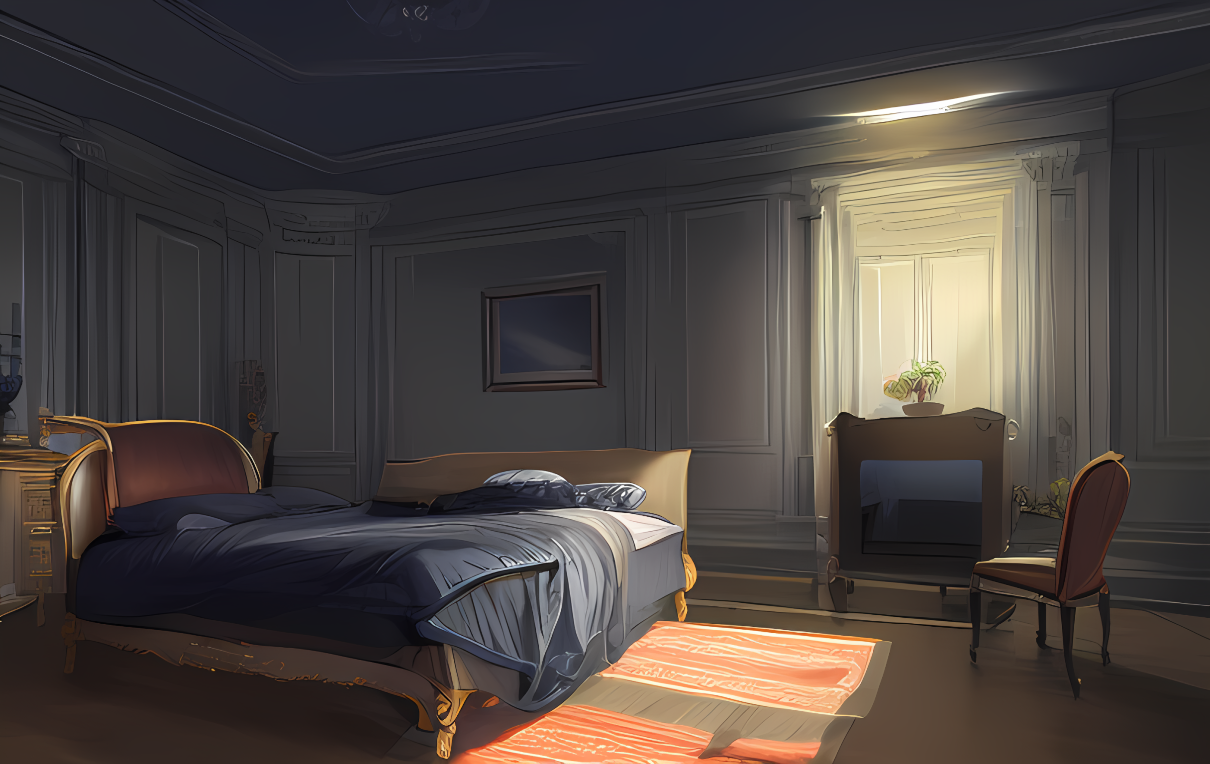 Anime 2432x1536 room afternoon relaxation warm light bed interior furnished chair