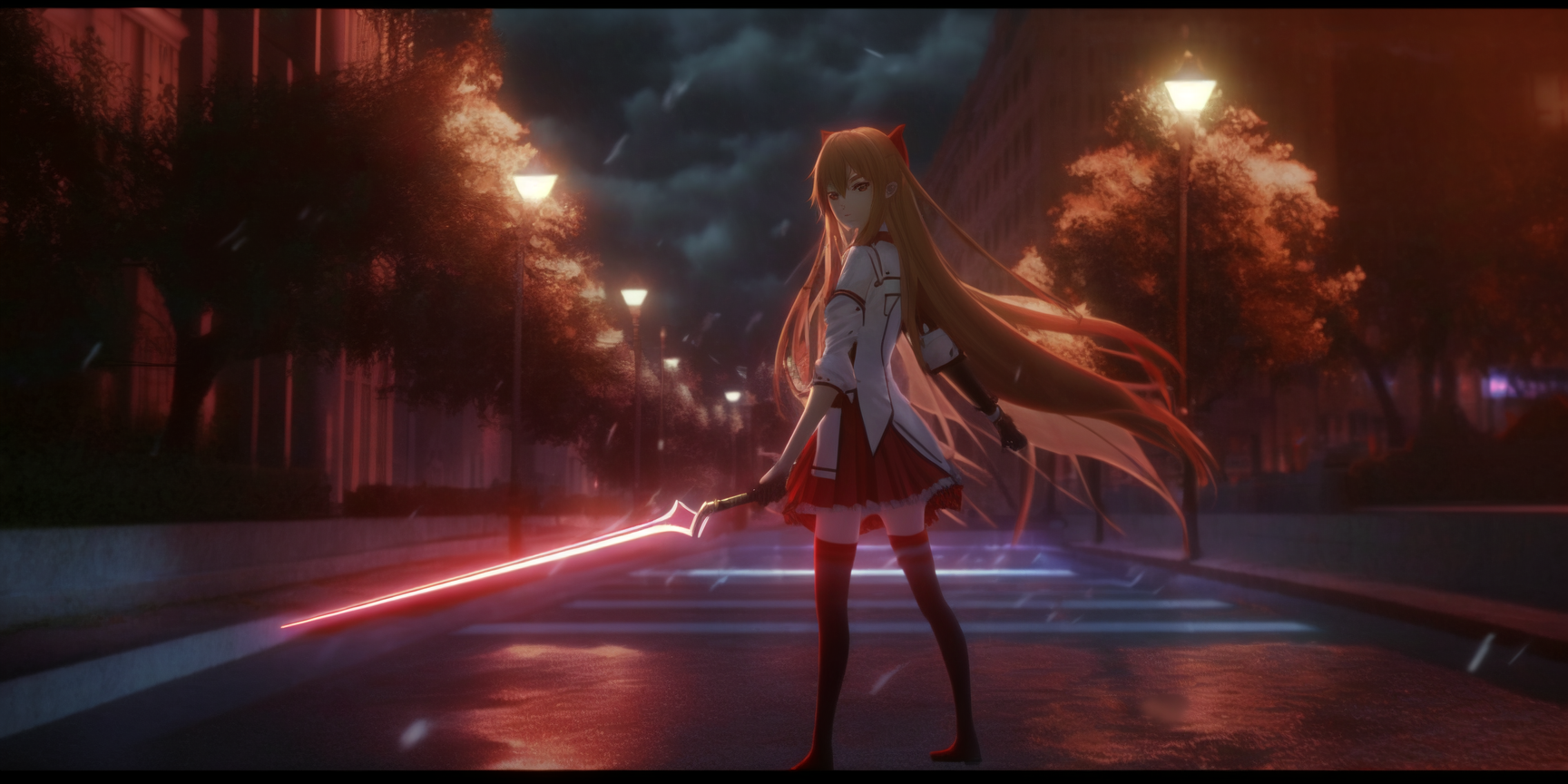 Anime 1728x864 Yuuki Asuna (Sword Art Online) anime girls Sword Art Online looking back street light long hair sword weapon night street