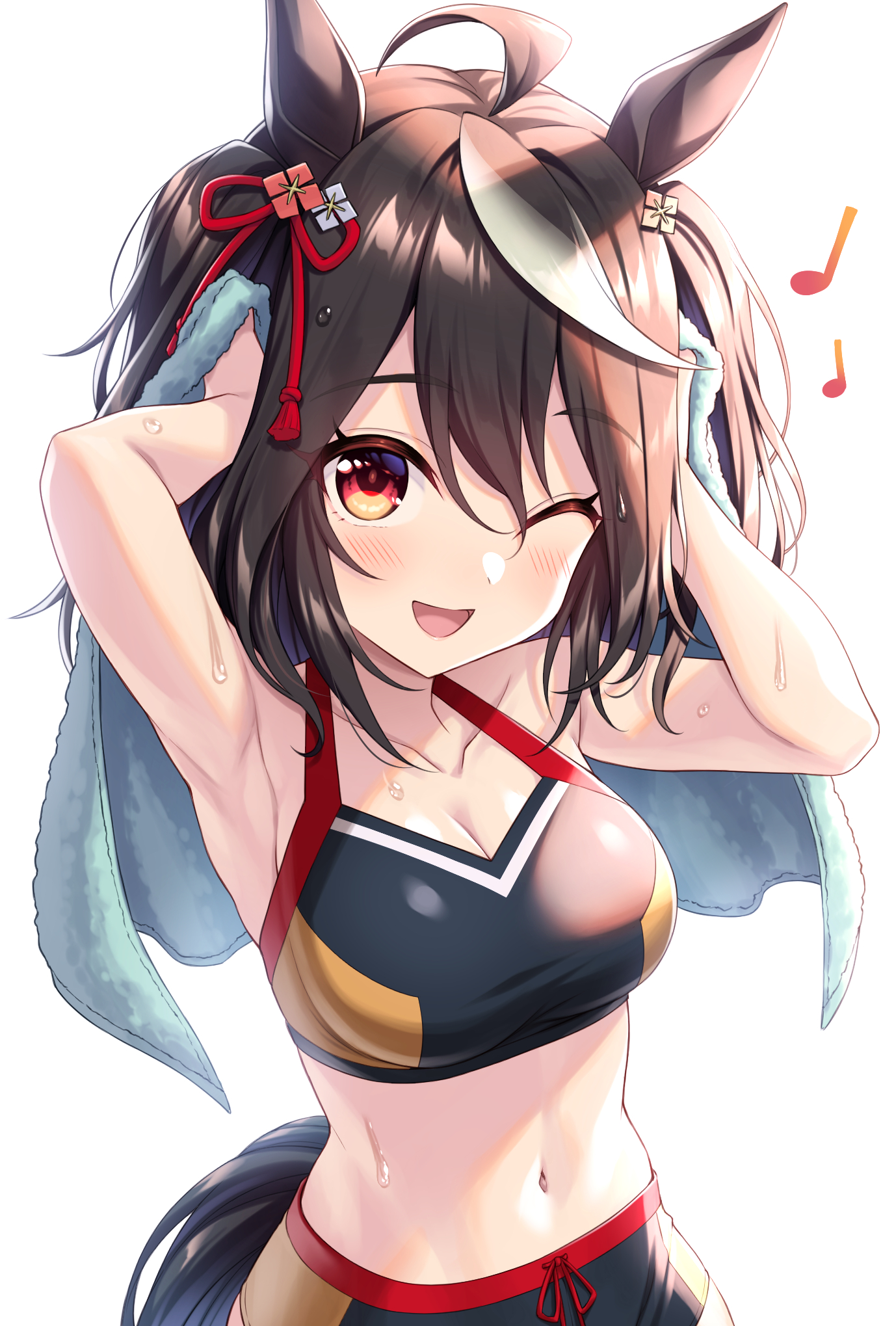 Anime 1378x2039 anime anime girls digital art 2D artwork Pixiv petite portrait portrait display looking at viewer belly belly button bare midriff Uma Musume Pretty Derby Kitasan Black (Uma Musume) one eye closed towel musical notes armpits