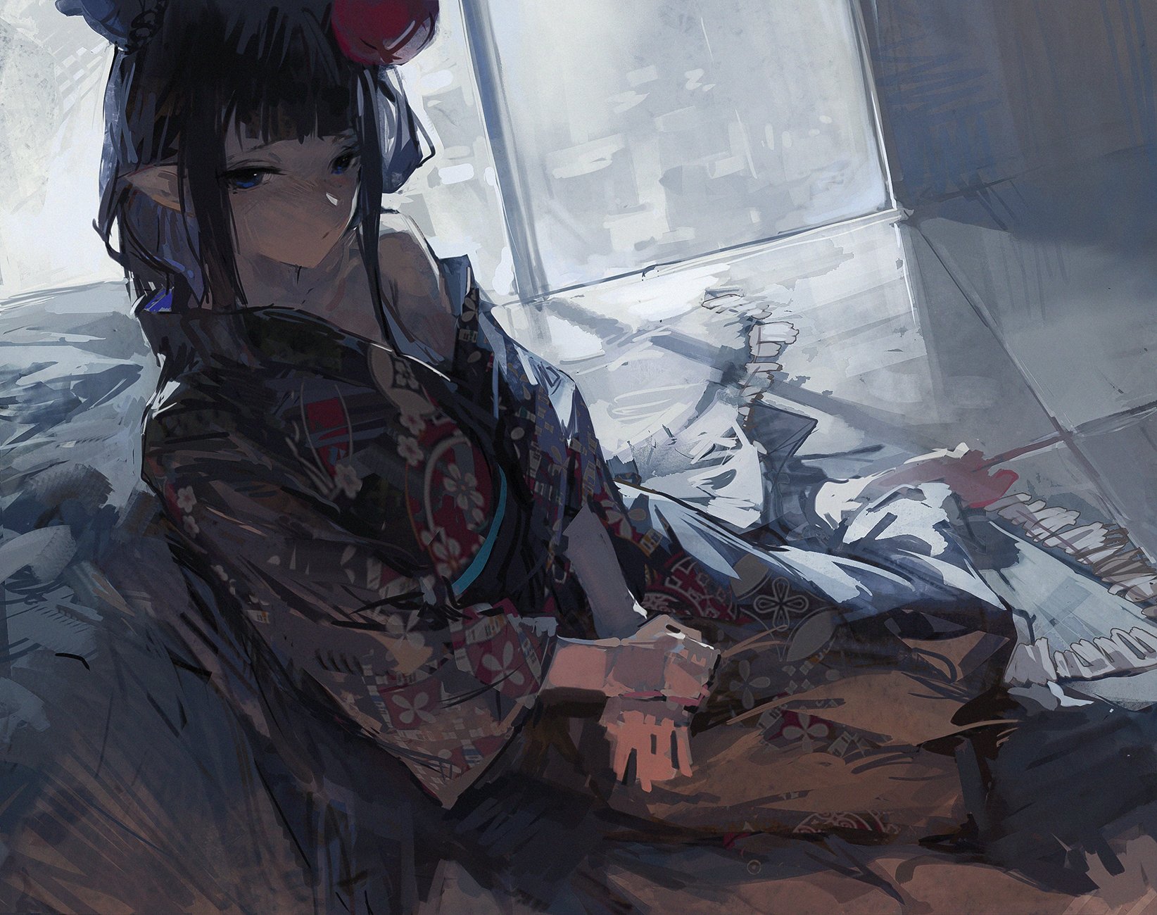 Anime 1644x1300 anime anime girls Ninomae Ina'nis Hololive Dino Art Virtual Youtuber wide sleeves long sleeves looking at viewer kimono pointy ears long hair blunt bangs collarbone Japanese clothes barefoot one bare shoulder floral sitting sash tatami off shoulder purple hair purple eyes
