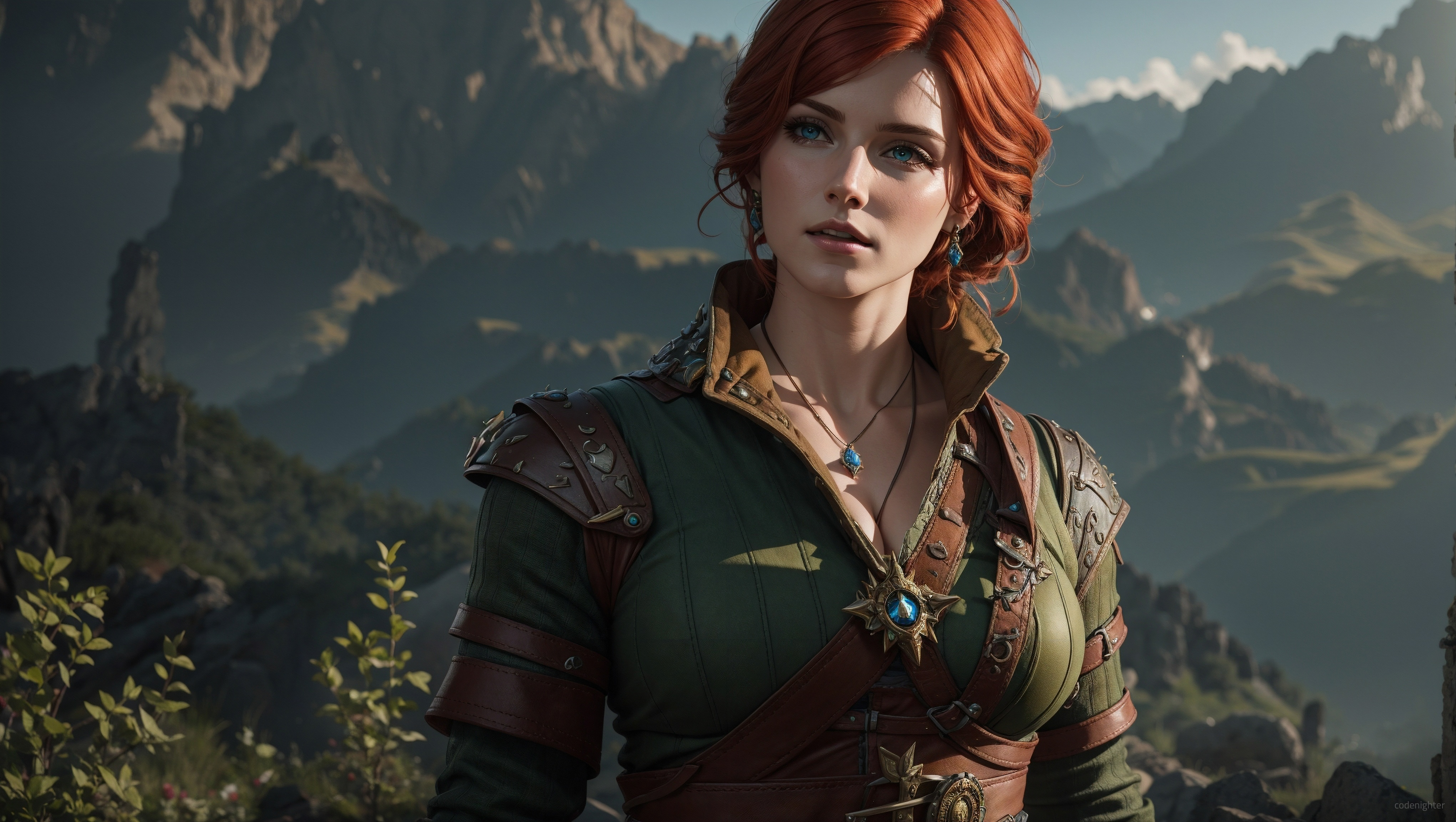 General 4080x2304 AI art digital art Triss Merigold The Witcher portrait redhead women video games video game girls long hair collarbone parted lips blurred blurry background video game characters blue eyes looking away sunlight natural light