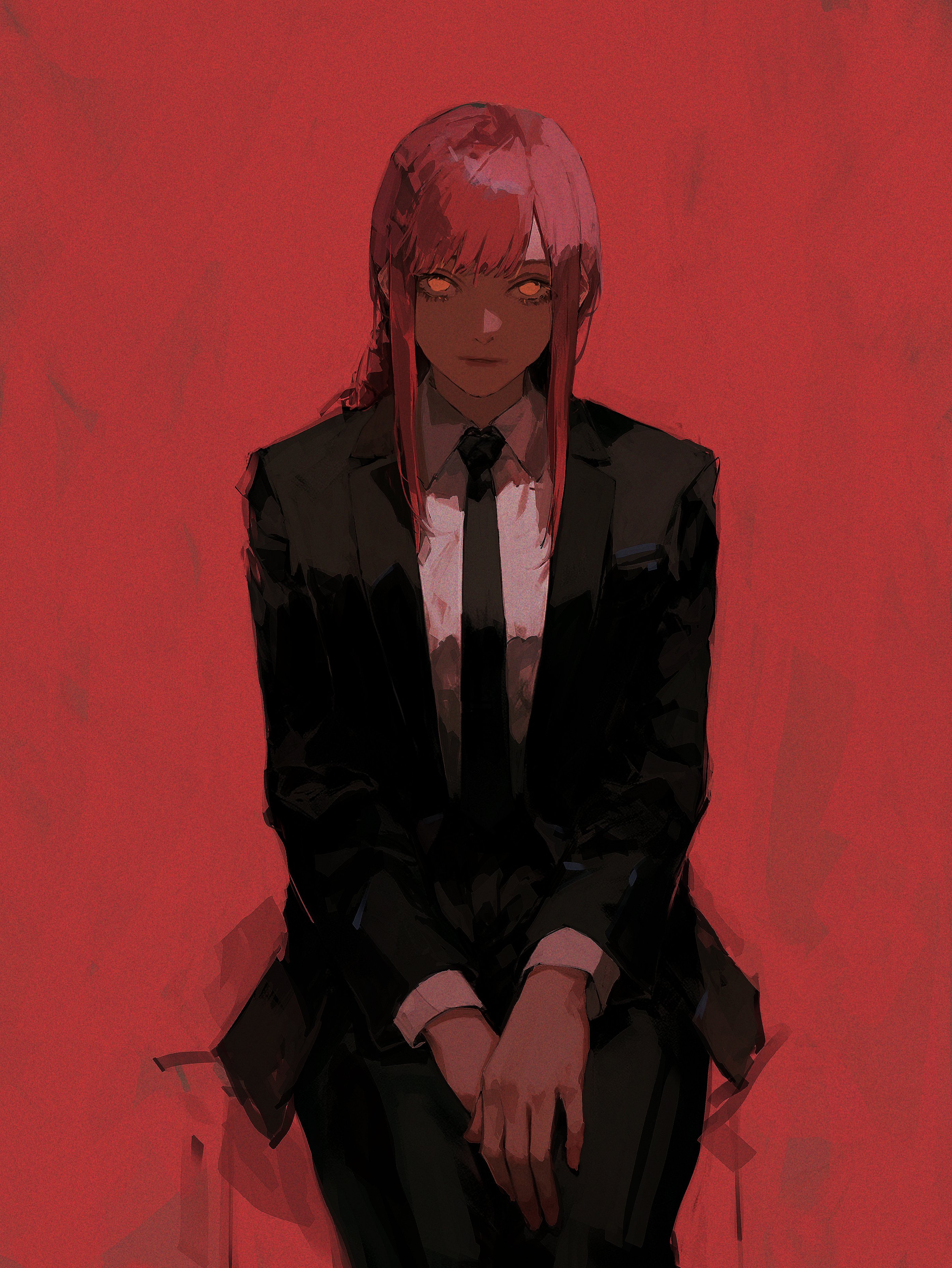 Anime 2793x3719 96yottea anime anime girls Chainsaw Man Makima (Chainsaw Man) simple background sitting red background necktie looking at viewer long hair suit and tie long sleeves portrait display redhead yellow eyes closed mouth collared shirt frontal view tie