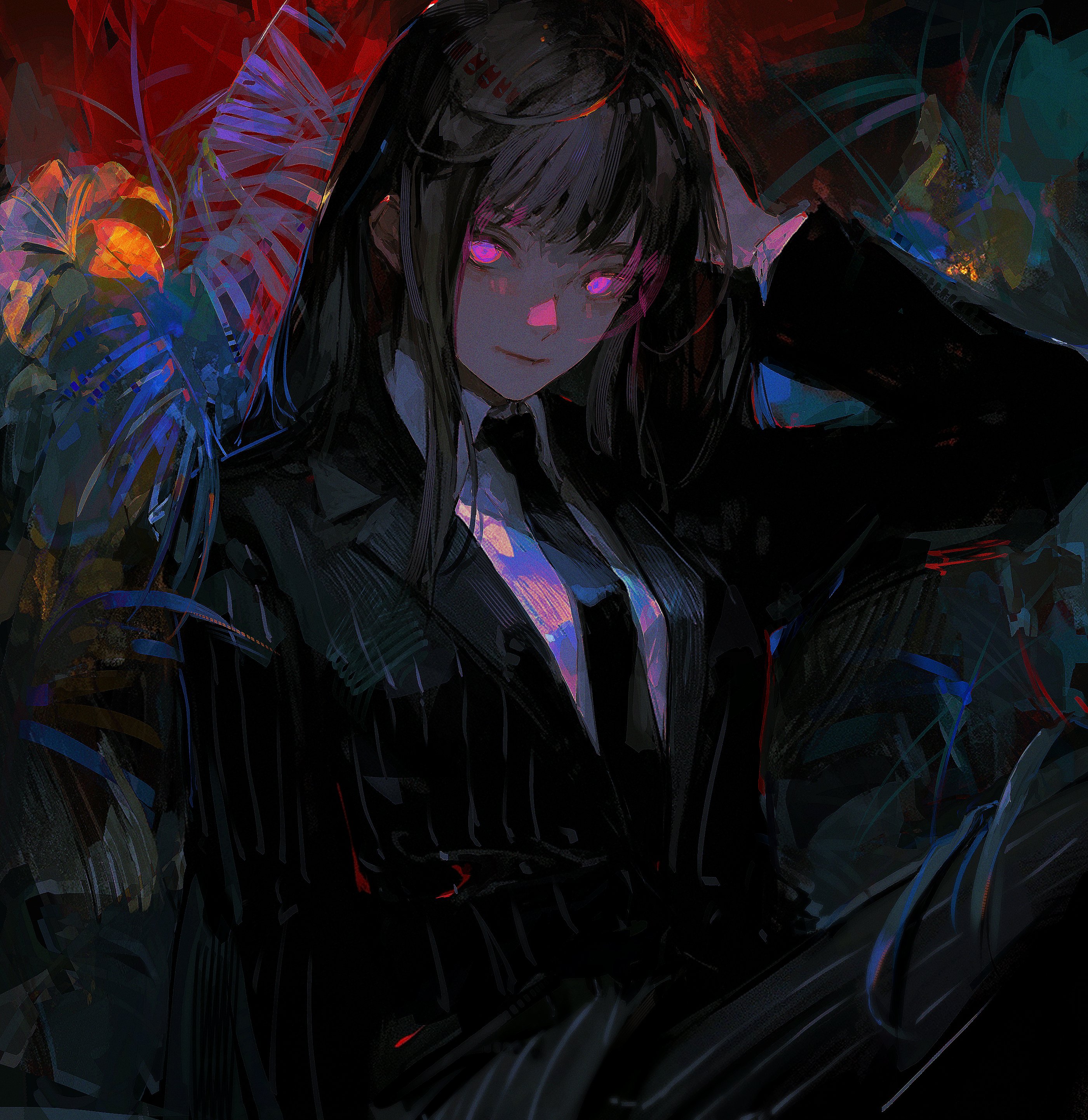 Anime 2801x2882 96yottea anime anime girls suit and tie suits looking at viewer closed mouth long hair long sleeves purple eyes black hair hands in hair glowing eyes foliage pale leaves jacket expressionless backlighting necktie