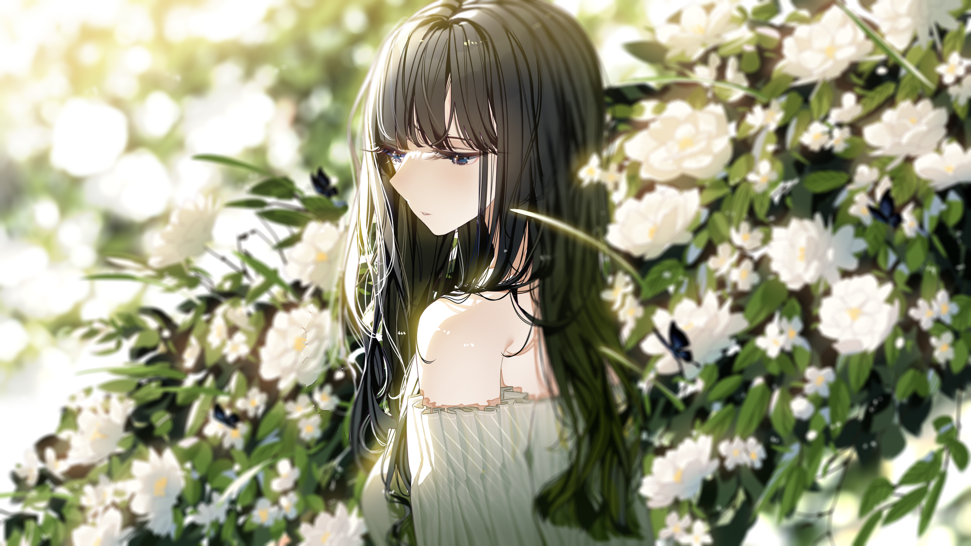 Anime 1920x1080 Atha original characters looking sideways long hair white flowers white tops blue eyes parted lips blurry background flowers bare shoulders dark hair depth of field butterfly anime girls anime closed mouth leaves