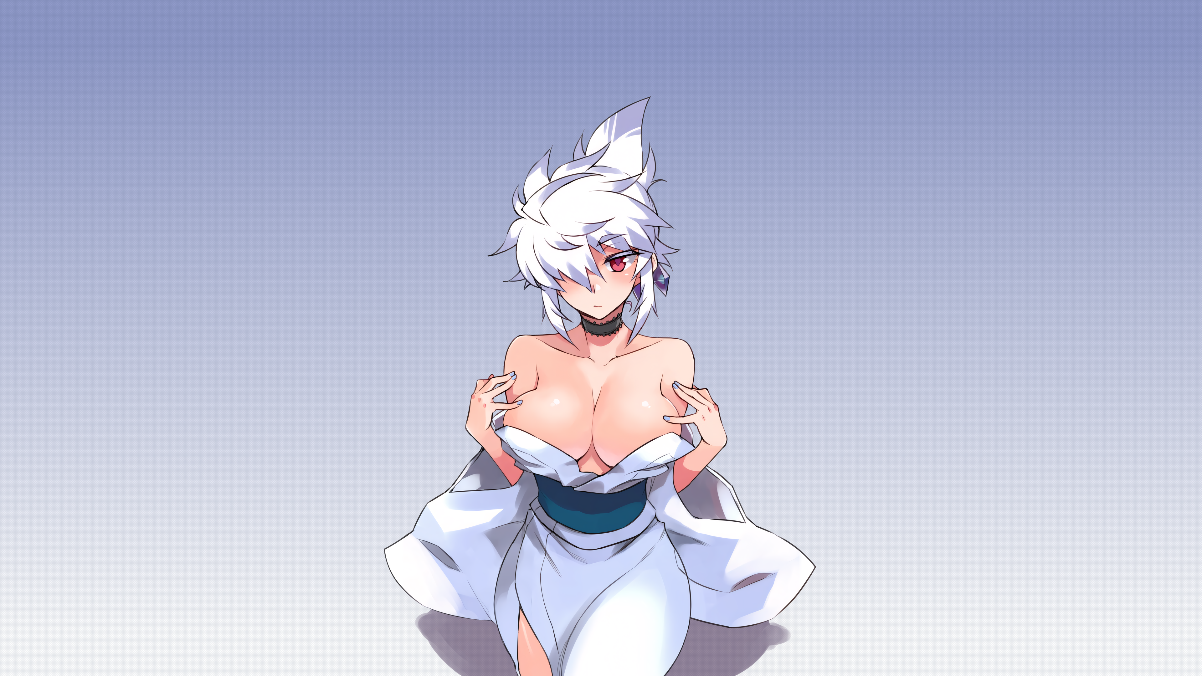 Anime 3840x2160 simple background bangs looking at viewer wide hips choker red eyes big boobs cleavage robes sidelocks belt bare shoulders undressing changing clothes kimono white hair white clothing white kimono long sleeves nail polish blue nails wide sleeves short hair collarbone anime girls anime defined collarbone hair over one eye no bra Kusanagi Tonbo skinny