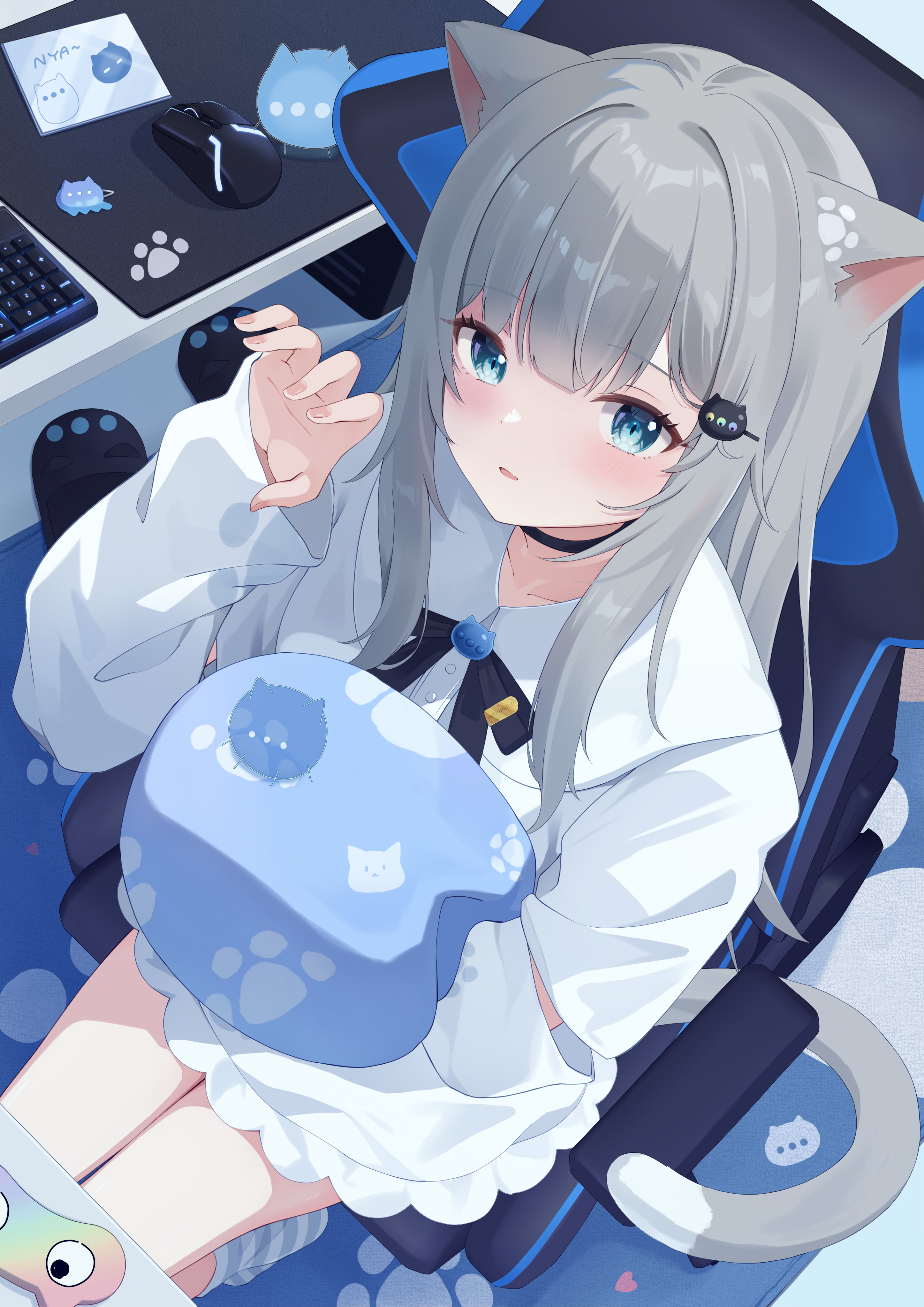 Anime 2894x4093 nacho neko anime anime girls cat girl blue eyes gray hair pillow hug gaming chair indie virtual youtuber looking at viewer sitting portrait display long hair computer mice choker cat ears cat tail hair ornament bow tie long sleeves swivel chair keyboards mouse pad collarbone hair clip