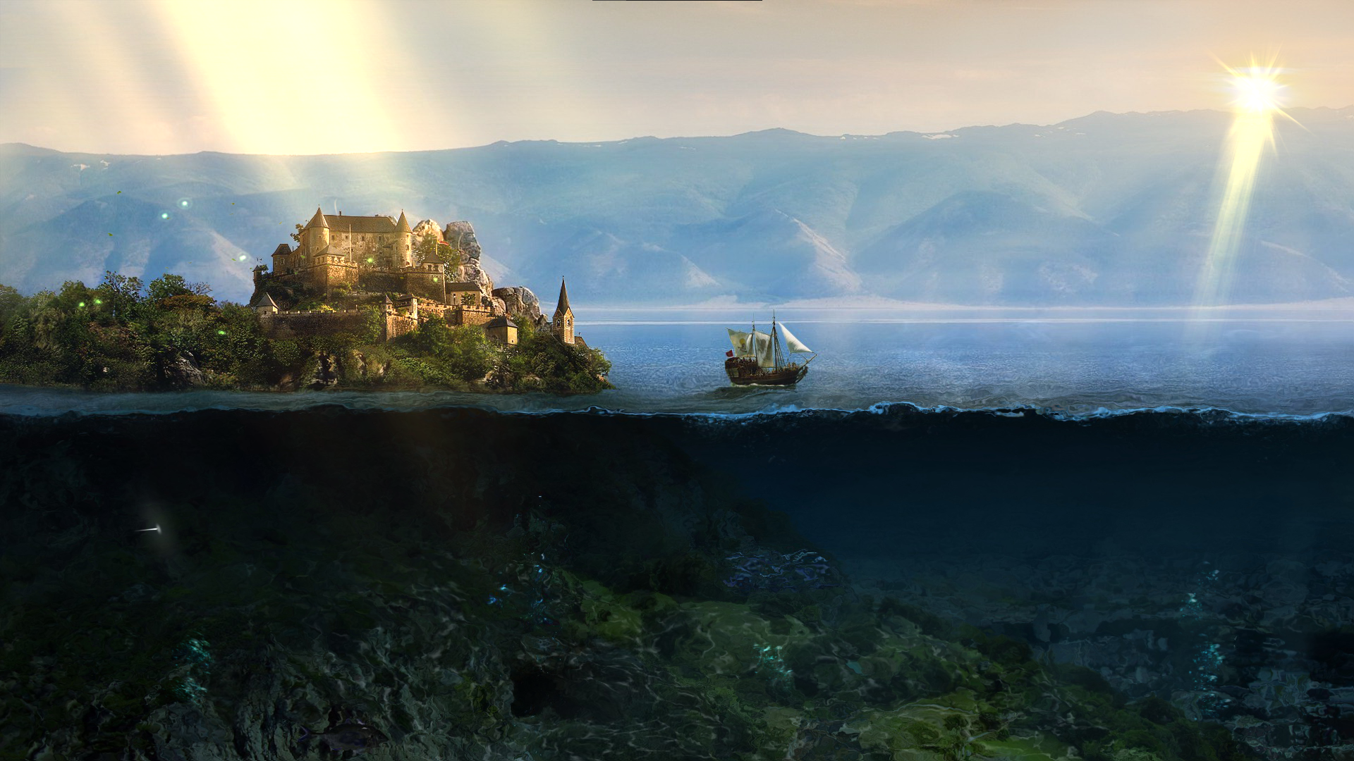 General 1920x1080 island ship castle underwater digital art water natural light sunlight sailing