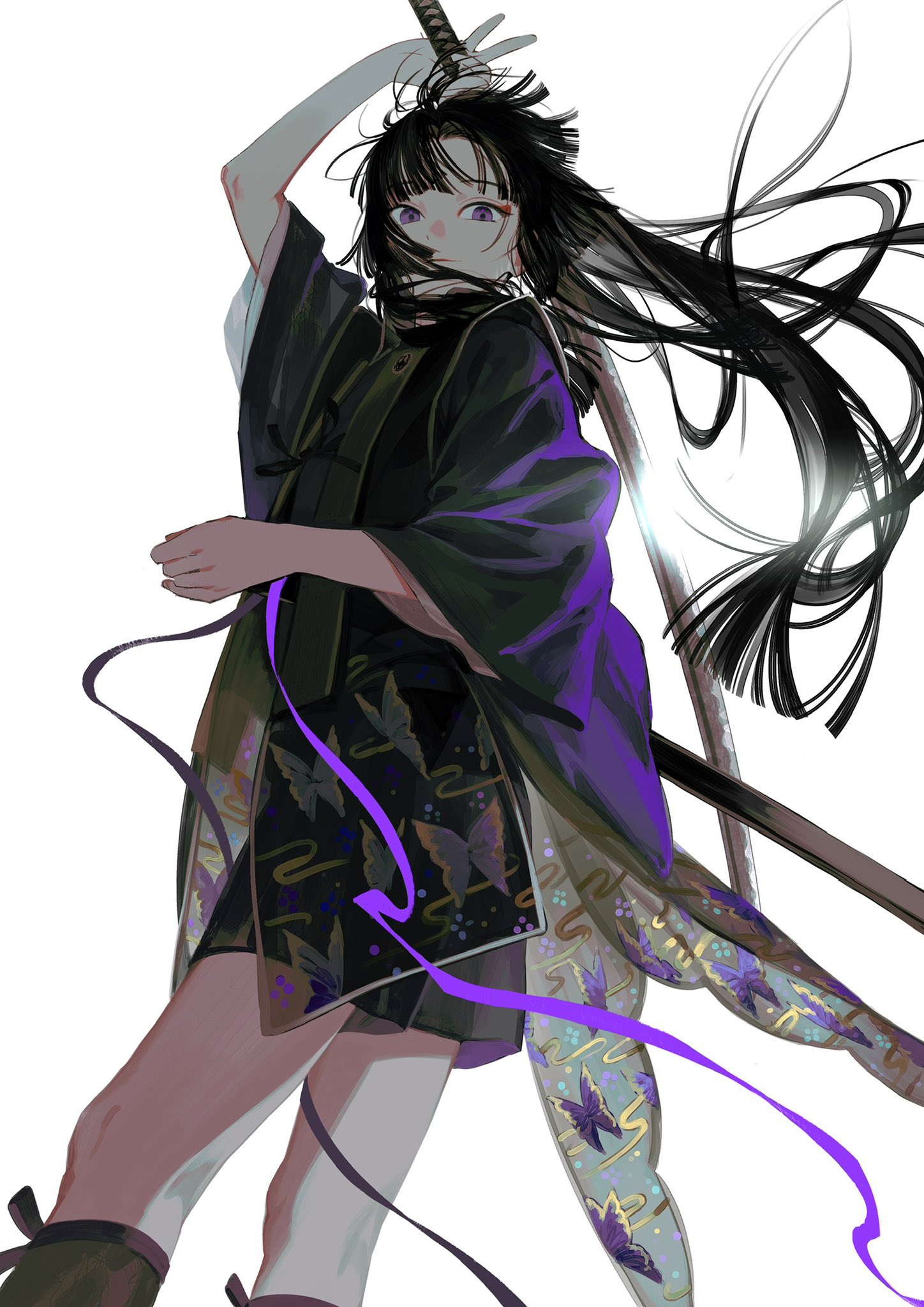 Anime 1448x2048 Kazari Tayu anime katana portrait display women with swords insect butterfly long hair anime girls standing looking at viewer ponytail black hair purple eyes white background weapon closed mouth smiling