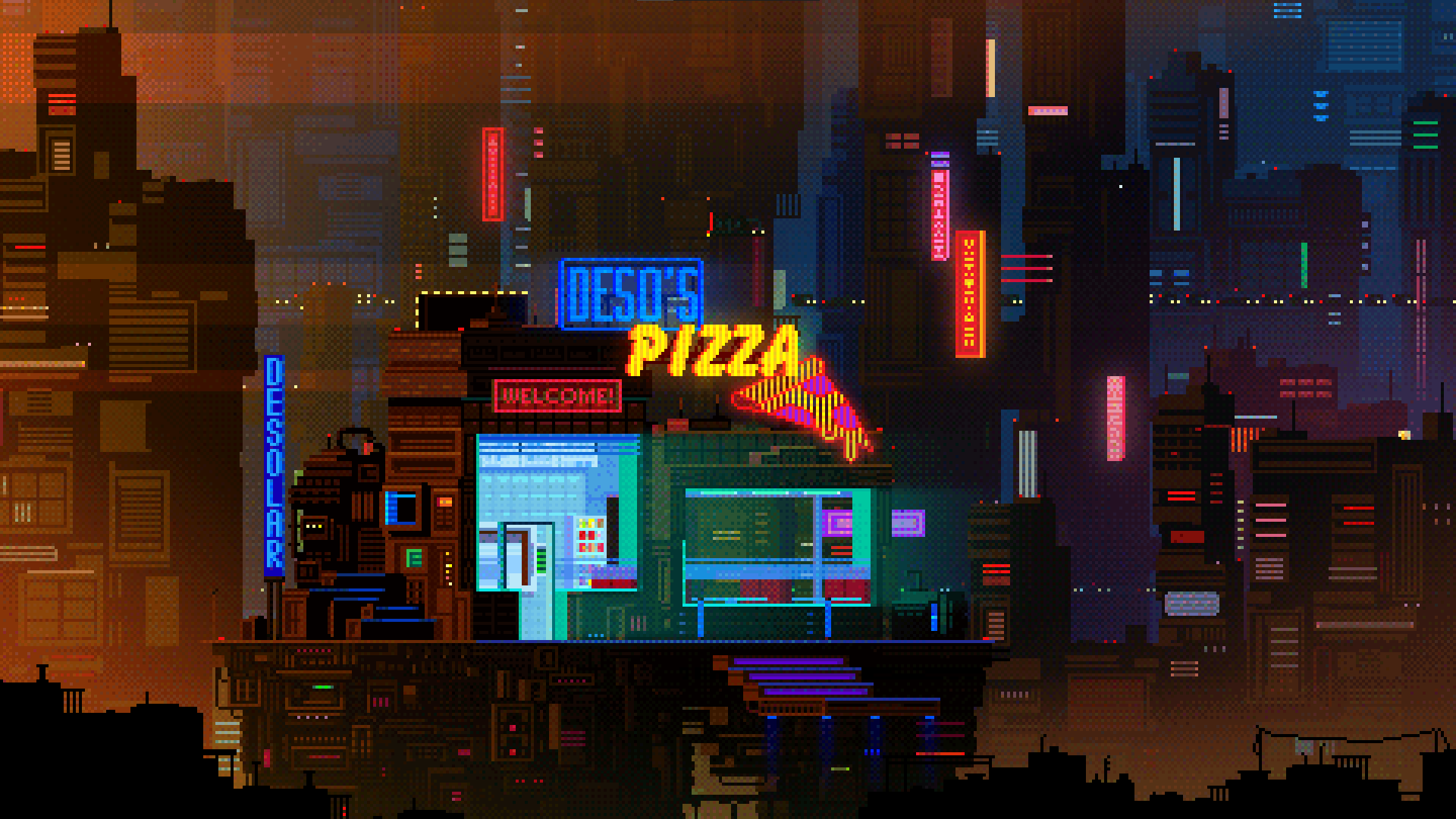 General 1920x1080 pixel art science fiction digital art neon sign cyberpunk neon pizza building food waneella pixels