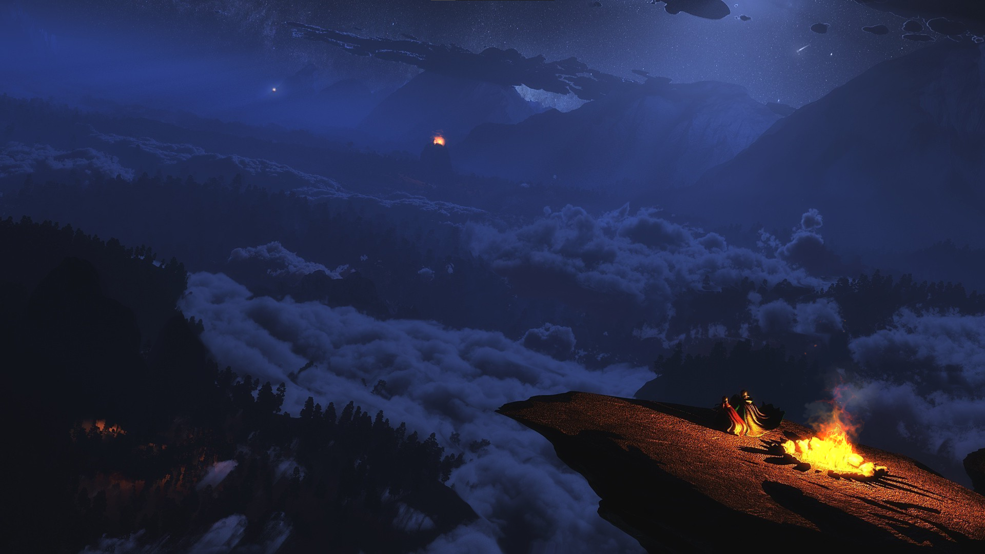 General 1920x1080 artwork isolated camping night campfire digital art low light fire stars sky landscape trees mountains forest
