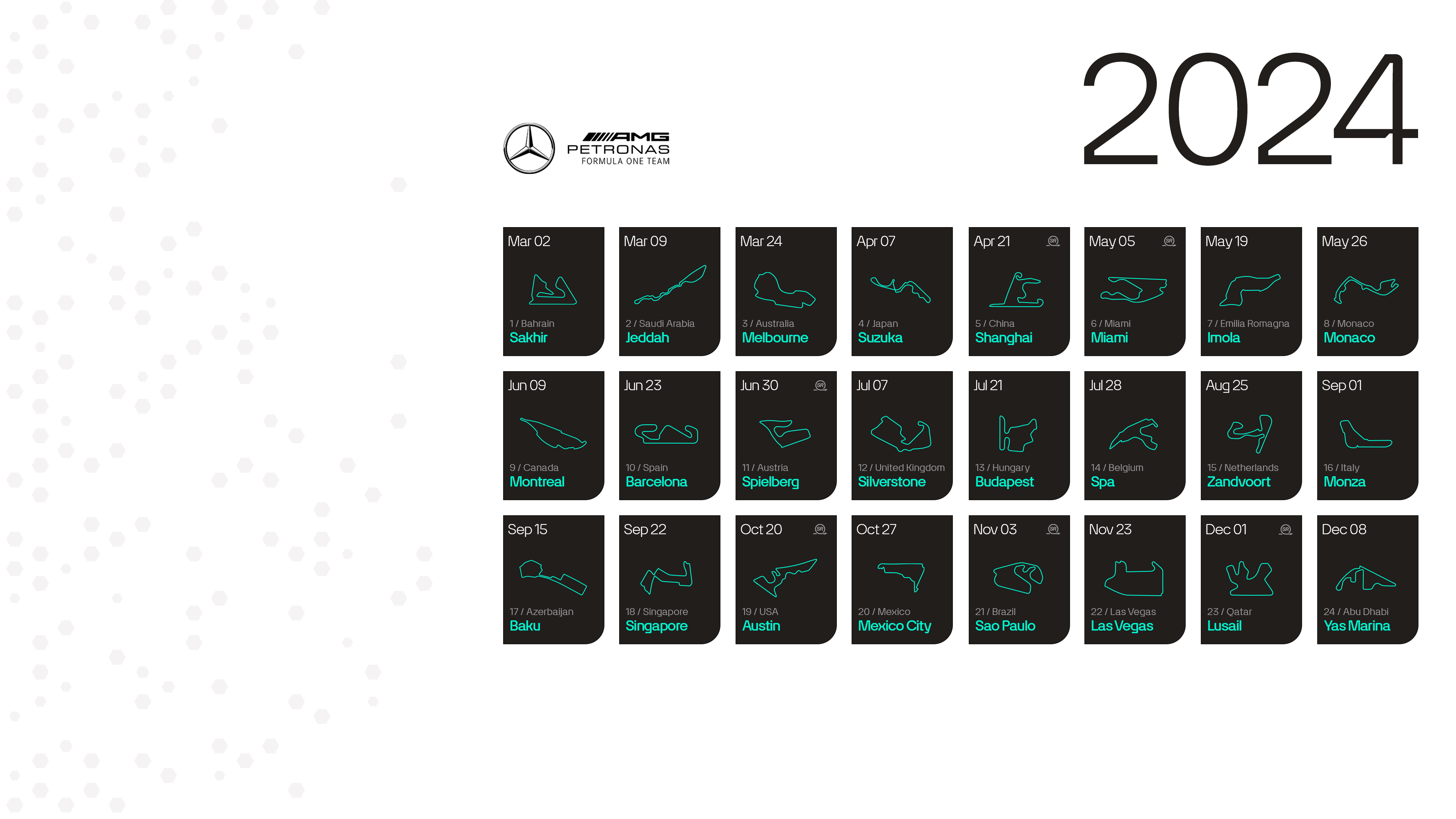 General 3840x2160 Mercedes F1 map Formula 1 calendar simple background logo digital art 2024 (year) white background month numbers