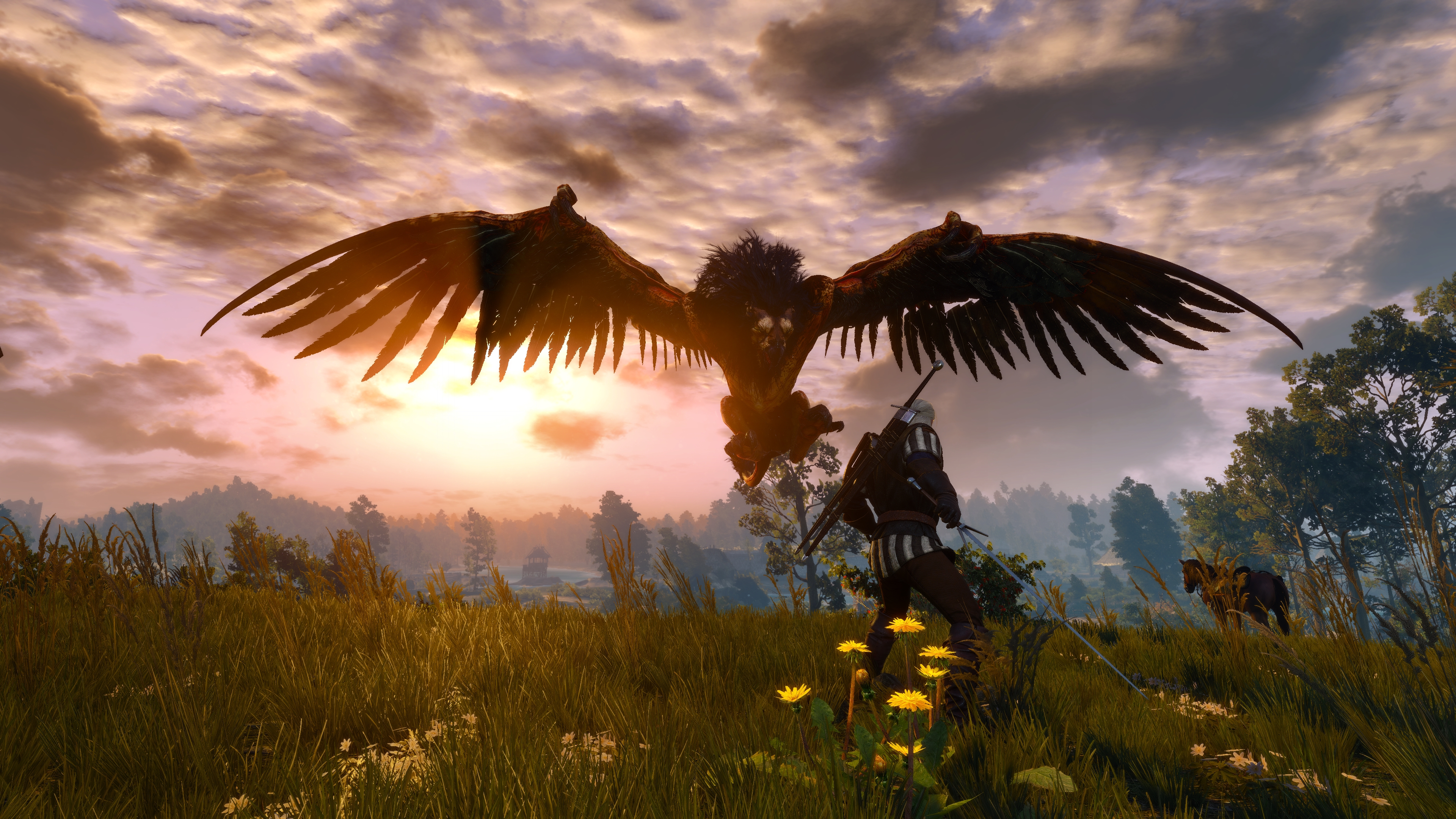 General 3840x2160 The Witcher 3: Wild Hunt screen shot griffon video game art clouds video games nature video game characters CGI video game men standing sword men with swords creature white hair trees sky grass