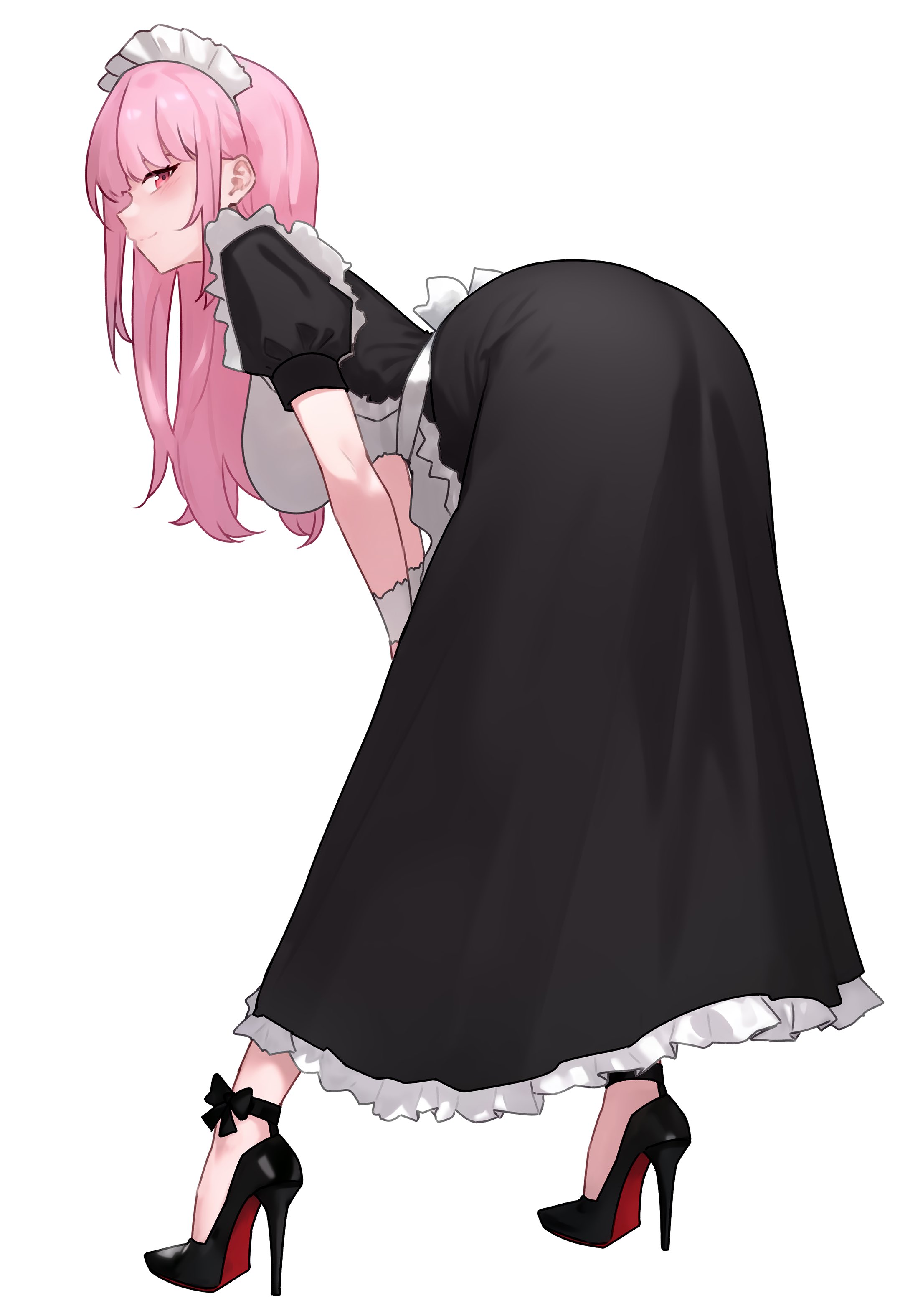 Anime 2155x3150 bluefield artwork illustration Mori Calliope Hololive maid outfit high heels long hair anime girls maid pink hair looking at viewer Virtual Youtuber bent over simple background heels white background frills closed mouth pink eyes smiling short sleeves standing