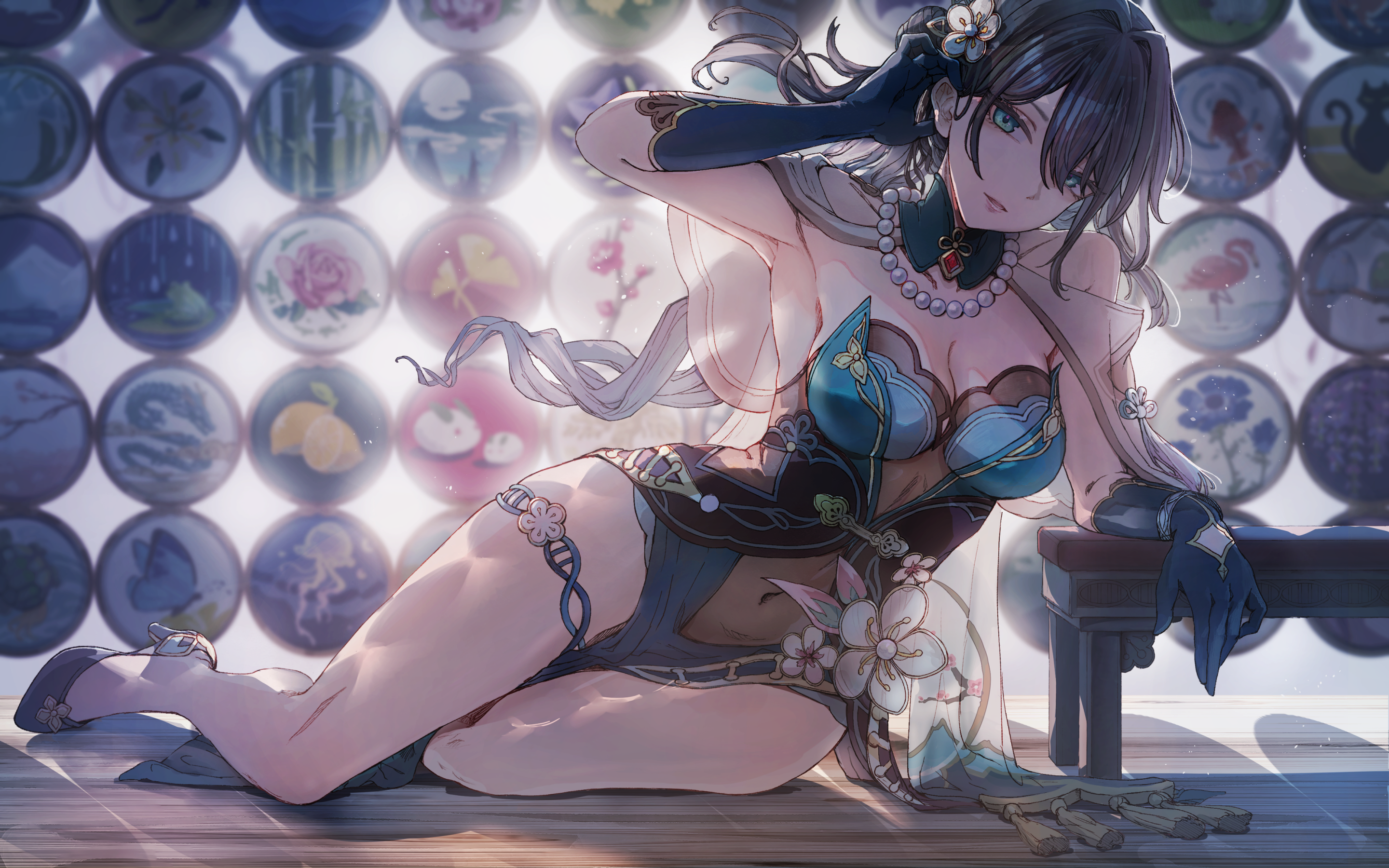 Anime 2880x1800 Honkai: Star Rail cleavage Ruan Mei (Honkai: Star Rail) looking at viewer boobs blue dress elbow gloves arm support long hair black hair high heels lying on side sitting hair ornament gloves armpits turquoise eyes one arm up belly button see-through clothing heels blurry background floor MinYom women indoors thighs dress legs anime girls lying down anime