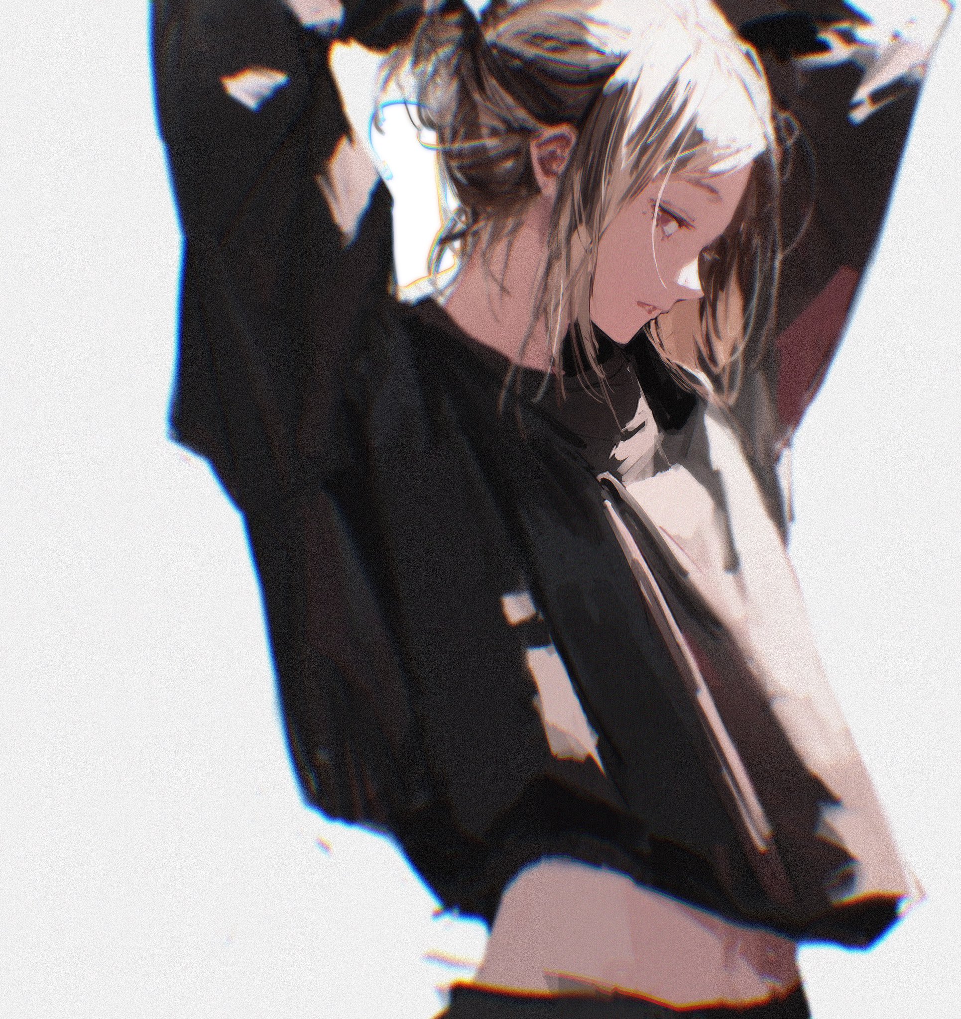 Anime 1930x2048 96yottea digital art artwork illustration blonde simple background anime looking at viewer belly white background minimalism short hair Kozume Kenma Haikyuu!! anime boys parted lips arms up portrait display
