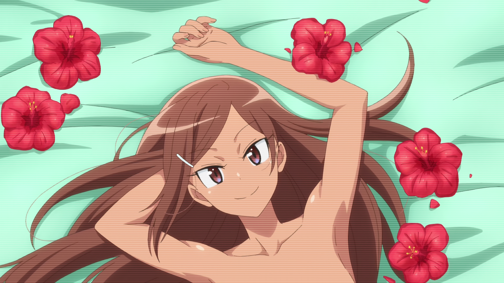 Anime 1920x1080 lying on back brunette brown eyes bare shoulders Dumbbell Nan Kilo Moteru? flowers Uehara Ayaka long hair dark skin smiling looking at viewer lying down closed mouth hair spread out petals arms up collarbone implied nude armpits