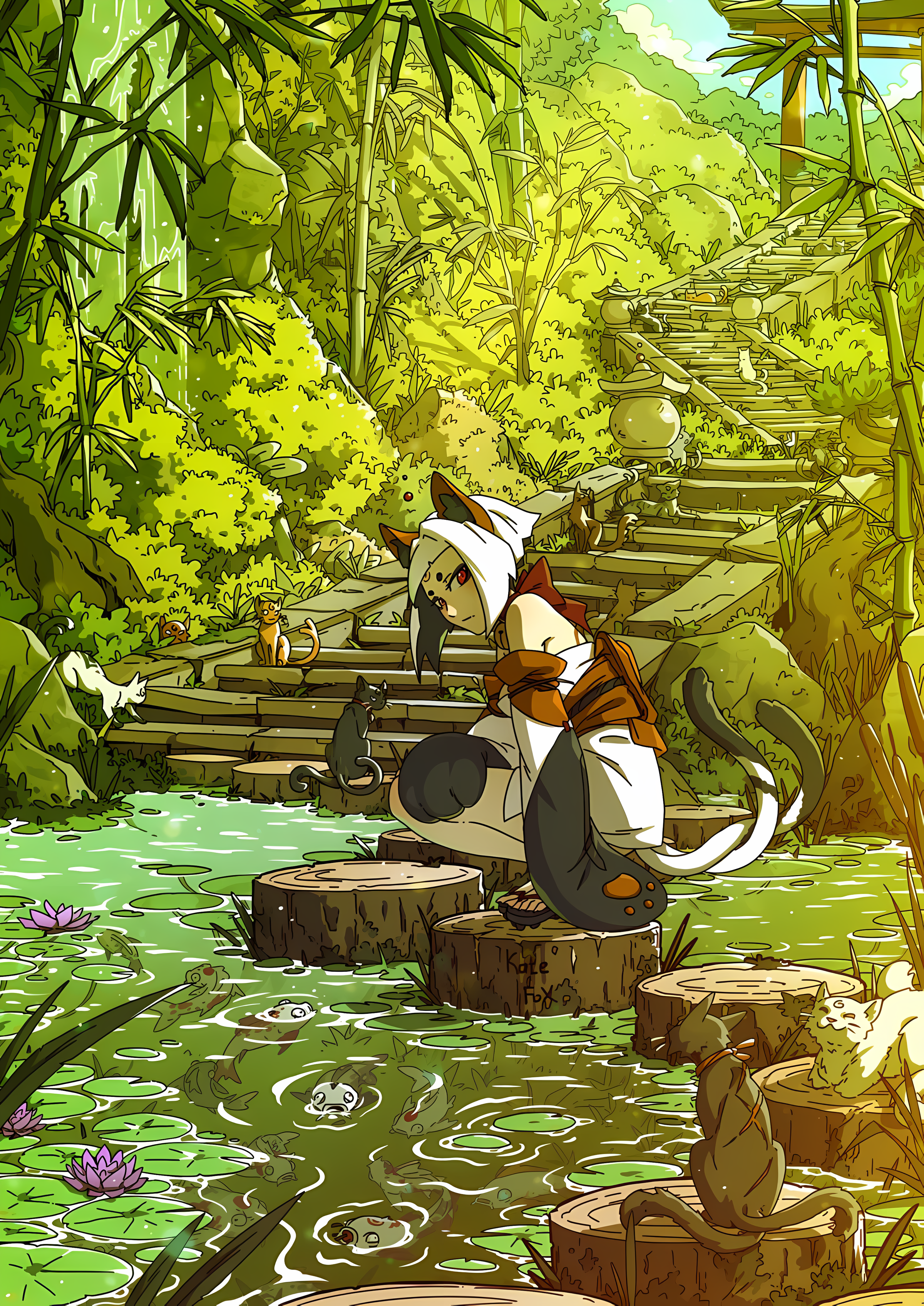 Anime 2400x3392 Kate-FoX cat girl cat ears looking at viewer portrait display water anime girls sunlight leaves waterfall wood steps cats animals Japanese clothes water lilies thick eyebrows short hair white hair red eyes closed mouth cat tail bamboo torii clouds sky squatting nenuphar