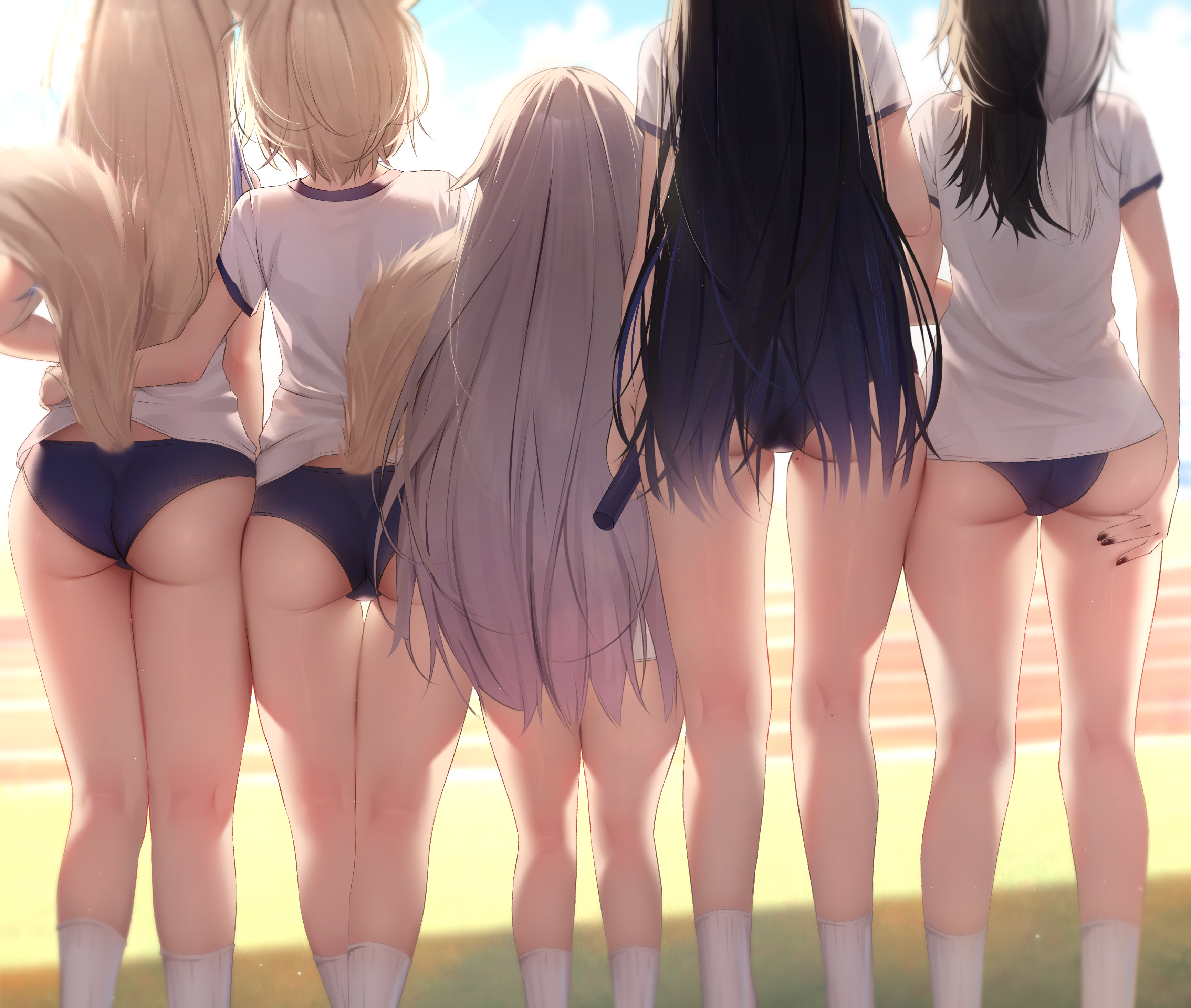 Anime 3459x2928 gym clothes Hololive Hololive English Shiori Novella Fuwawa Abyssgard Mococo Abyssgard Koseki Bijou Virtual Youtuber prab Nerissa Ravencroft group of asses buruma the gap rear view standing rear view standing long hair thighs together knees together bright