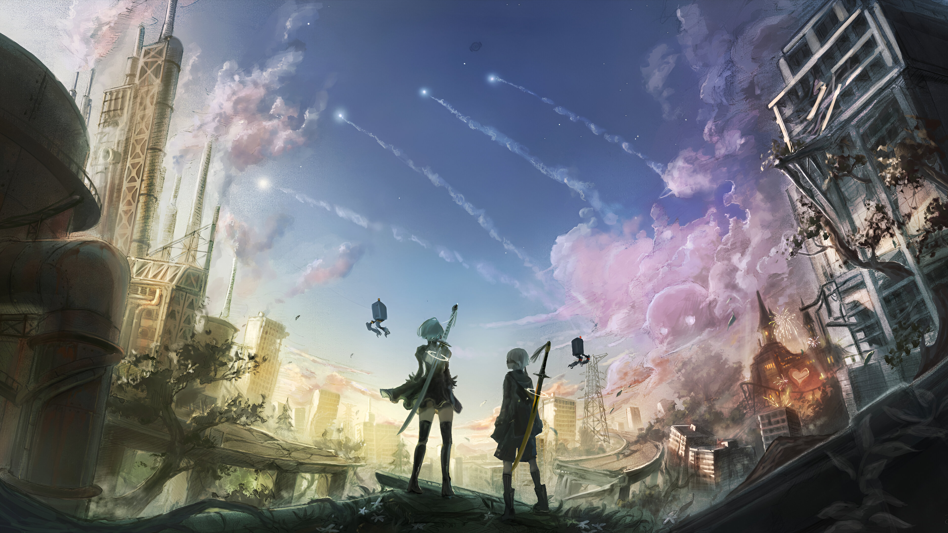 General 3840x2160 Nier: Automata 2B (Nier: Automata) 9S (Nier: Automata) artwork Platinum games video game characters sky video game girls clouds video game boys standing sword women with swords men with swords blindfold video game art building apocalyptic sunlight black thigh highs robot thigh-highs short hair